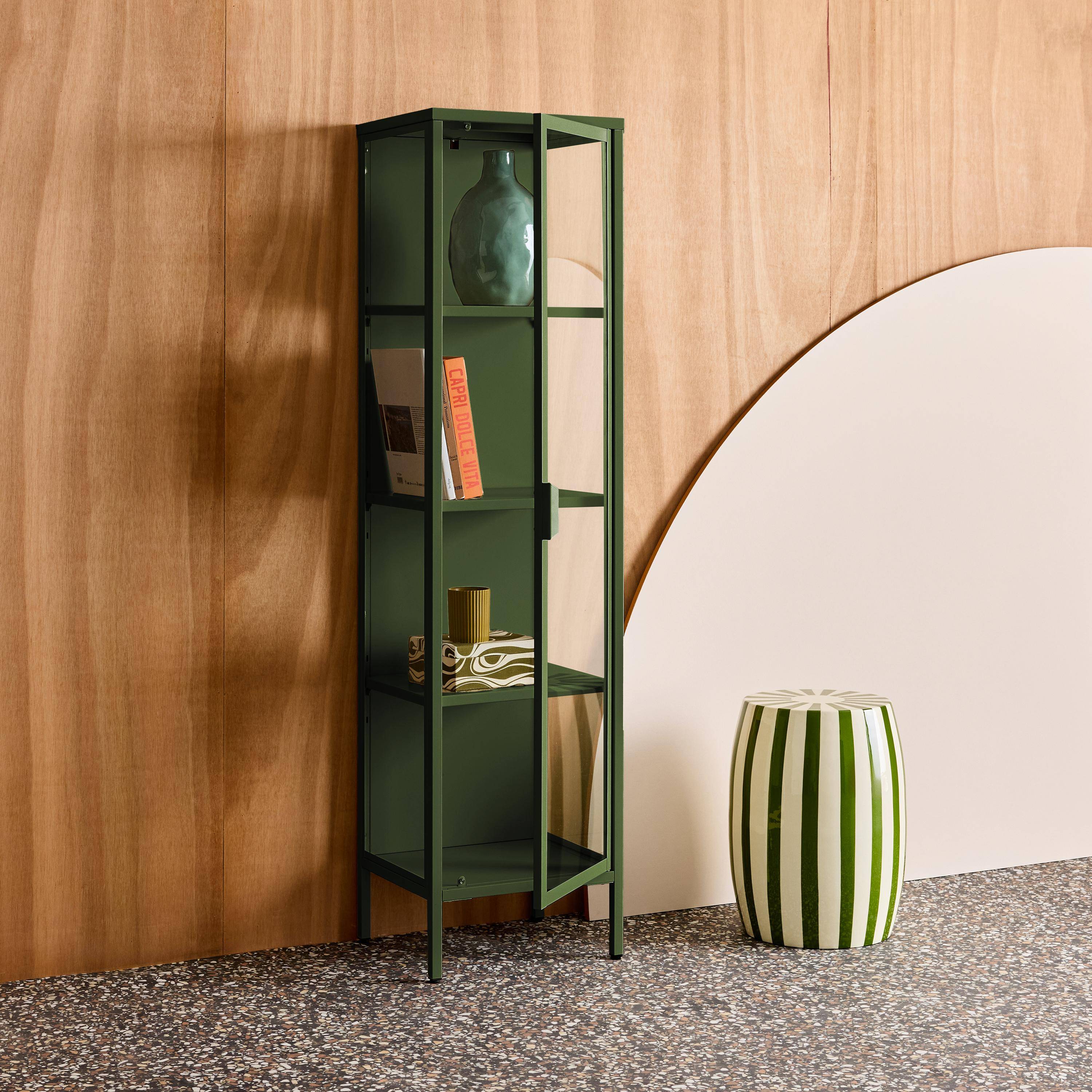 Sideboard, steel and tempered glass display cabinet with 1 door Green 40x35x160 cm - Arkansas Photo4