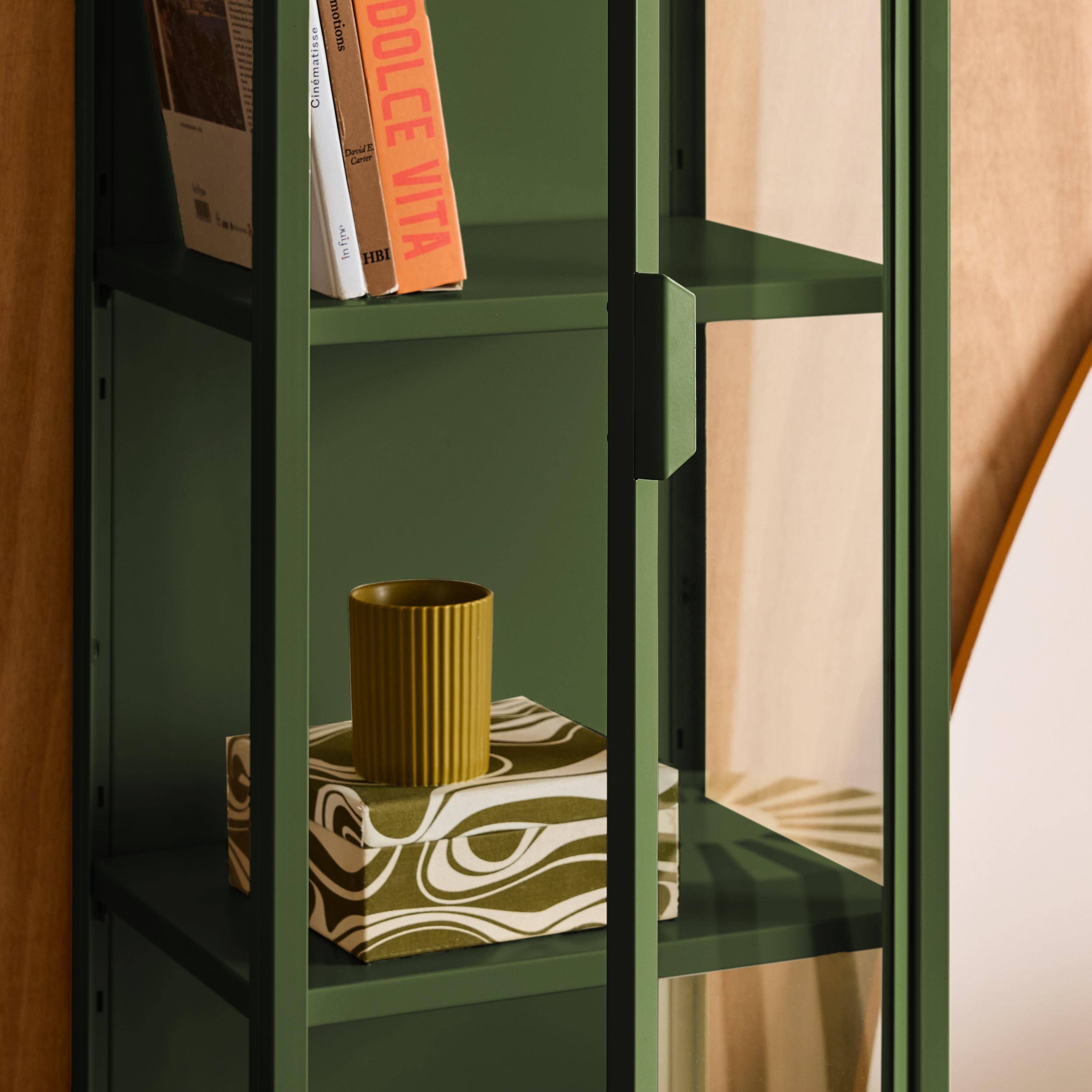 Sideboard, steel and tempered glass display cabinet with 1 door Green 40x35x160 cm - Arkansas Photo5