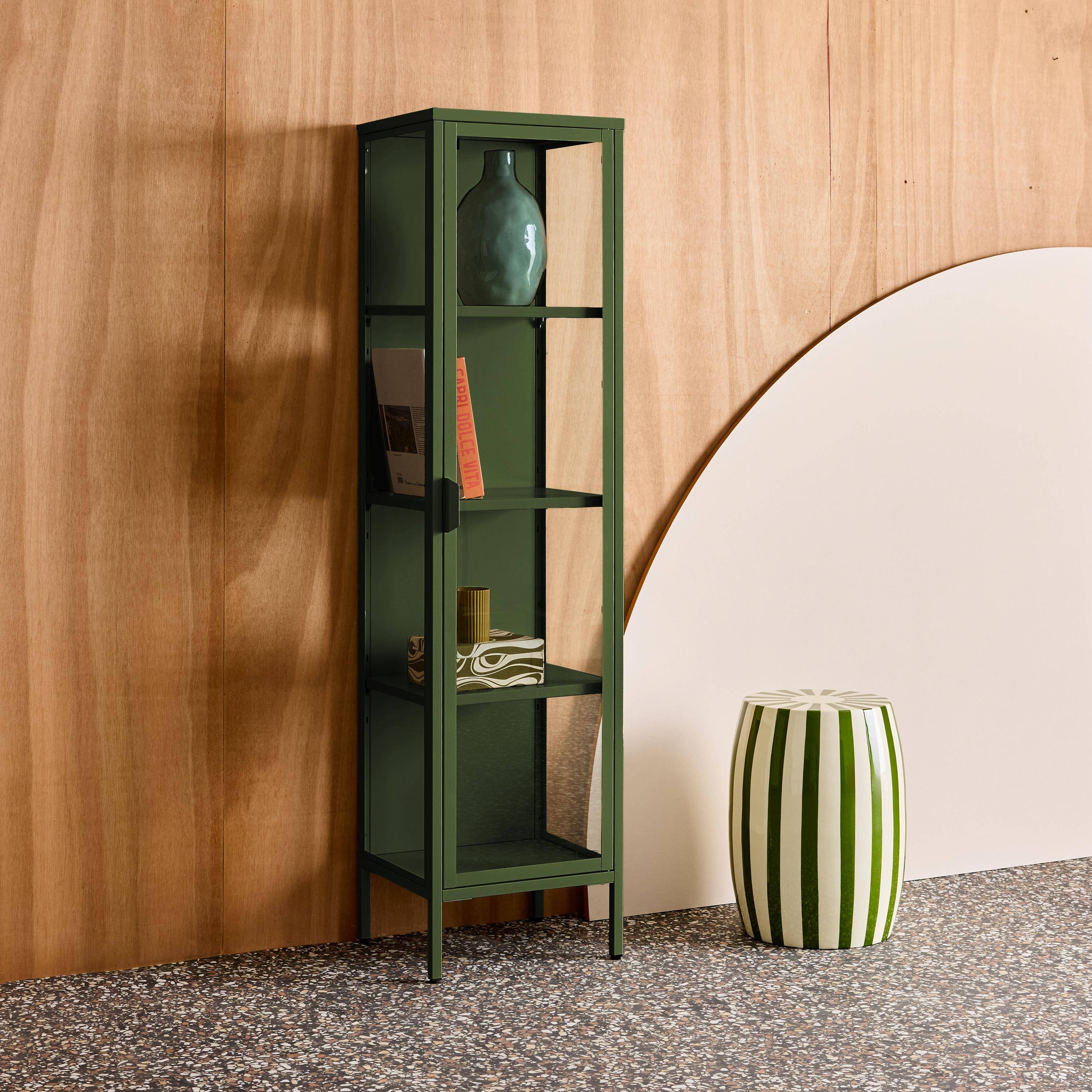 Sideboard, steel and tempered glass display cabinet with 1 door Green 40x35x160 cm - Arkansas Photo3