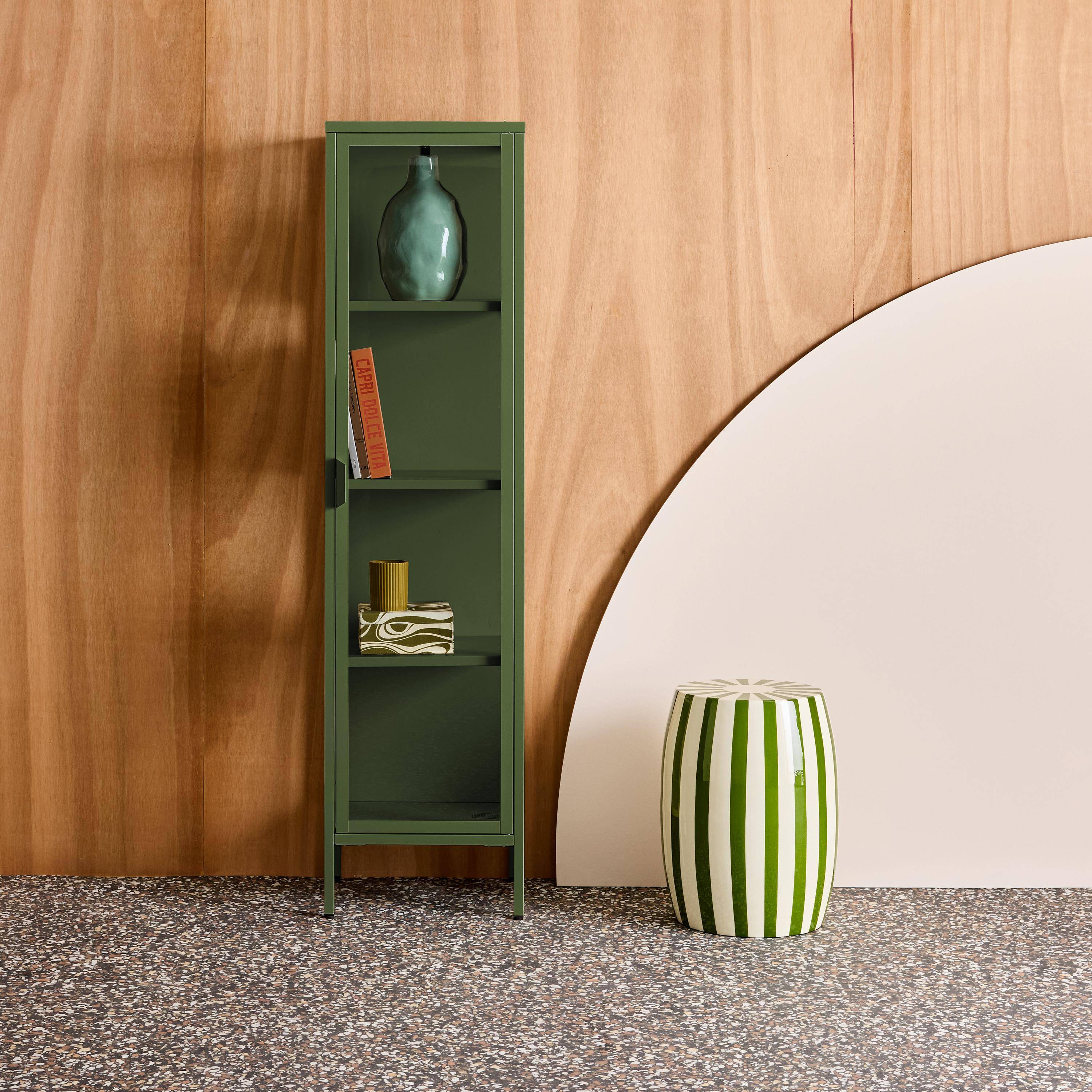 Sideboard, steel and tempered glass display cabinet with 1 door Green 40x35x160 cm - Arkansas Photo1