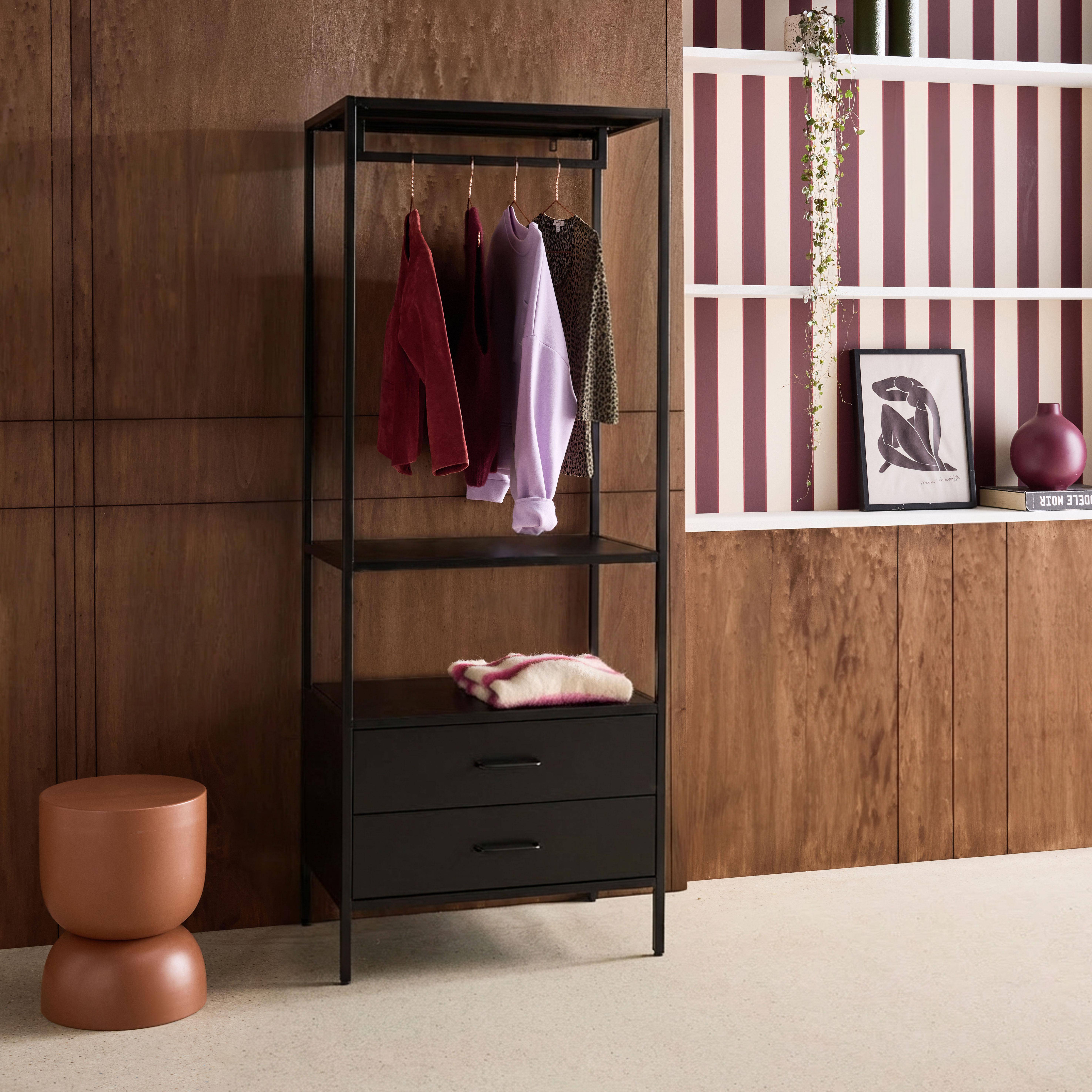 Hallway furniture, metal coat rack with hanging rod and 2 drawers Black 70x45x180 cm - Idaho,sweeek,Photo2
