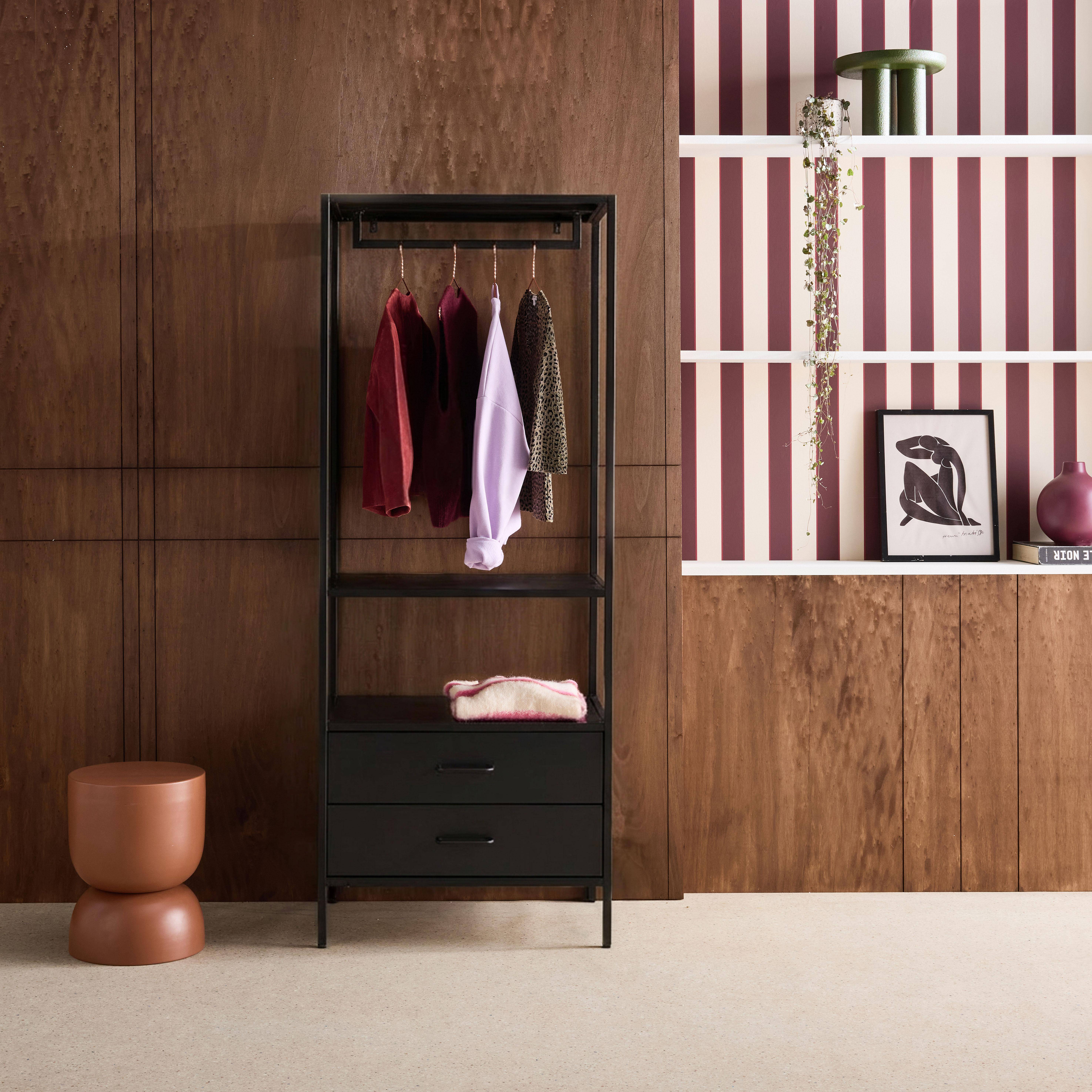 Hallway furniture, metal coat rack with hanging rod and 2 drawers Black 70x45x180 cm - Idaho Photo1