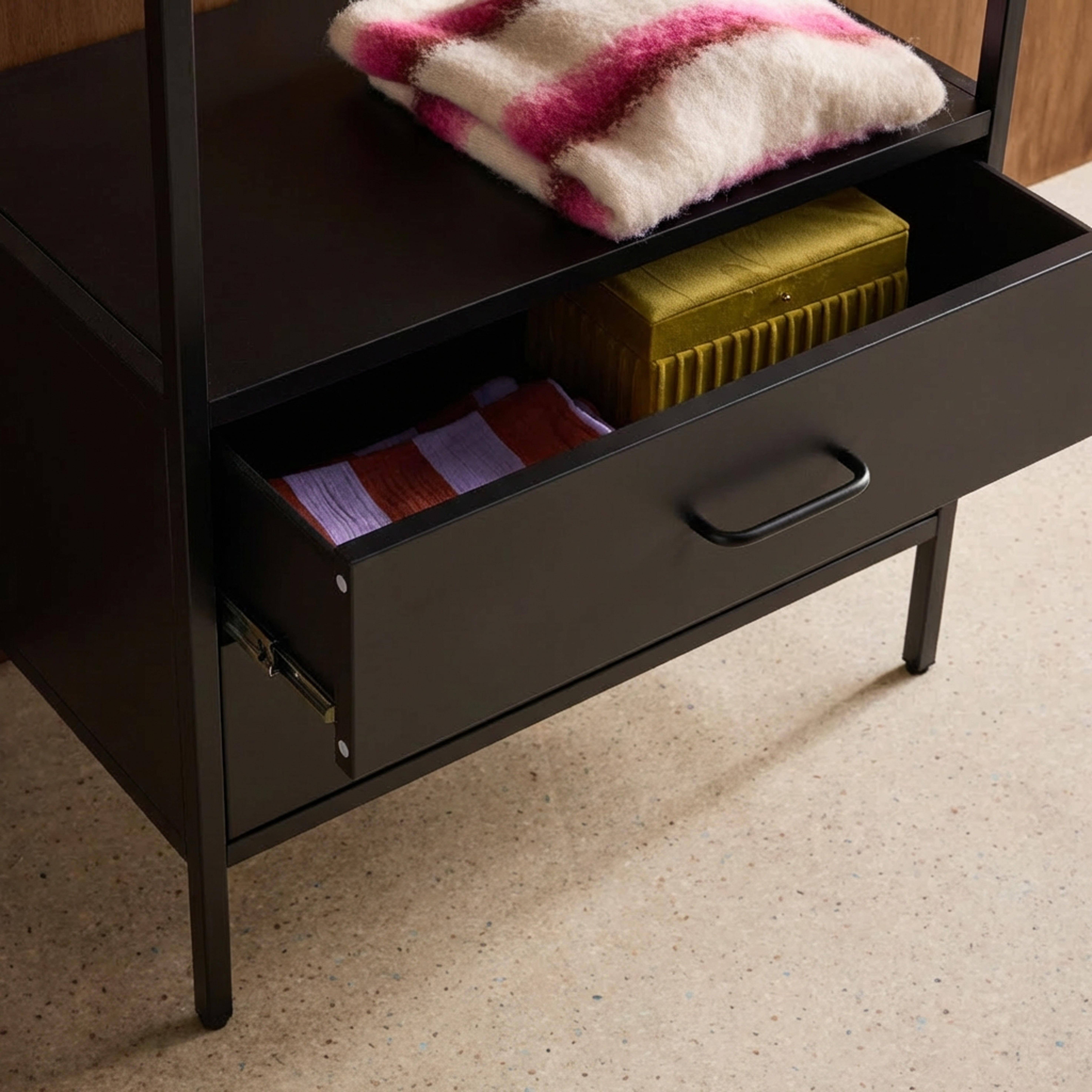 Hallway furniture, metal coat rack with hanging rod and 2 drawers Black 70x45x180 cm - Idaho Photo4