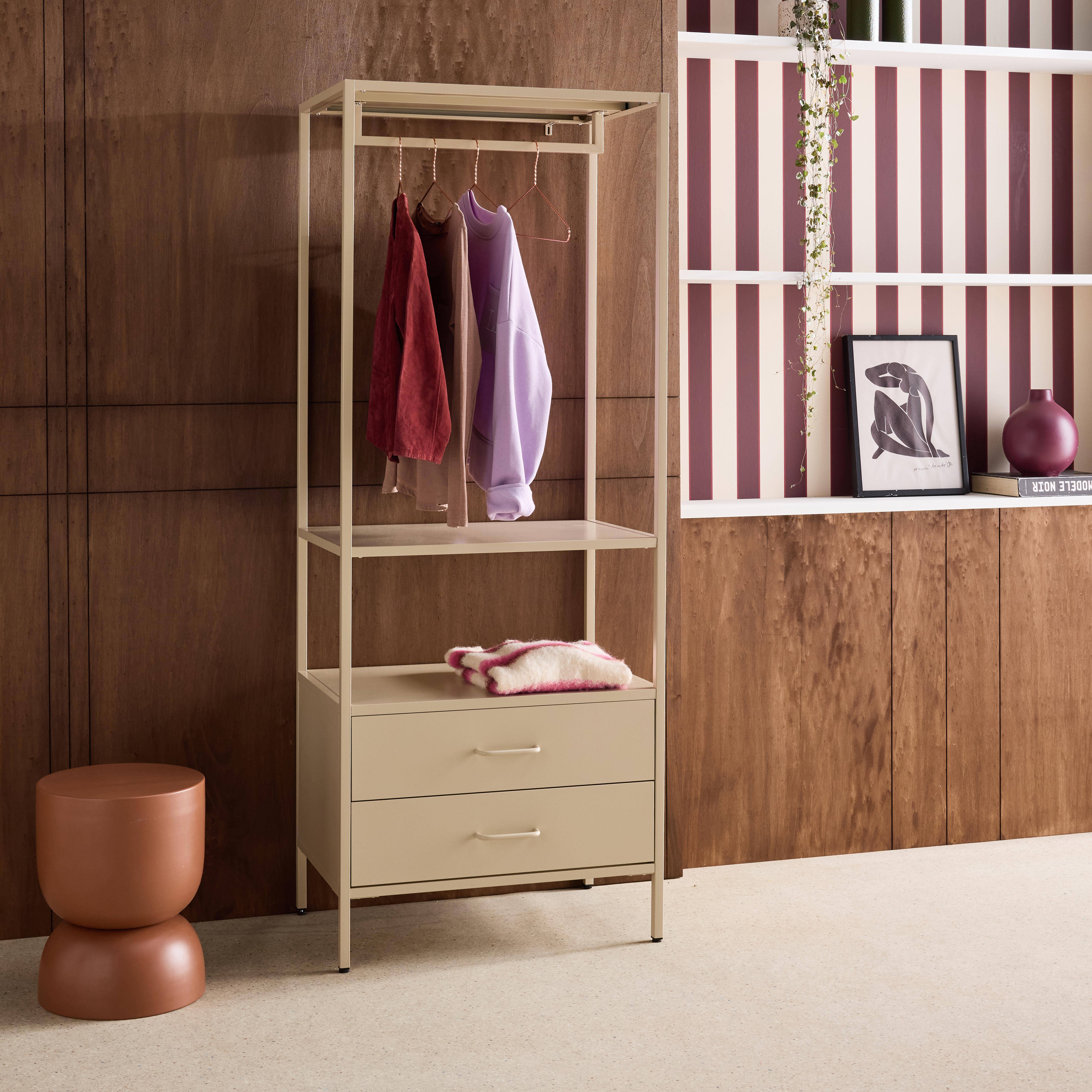 Hallway furniture, metal coat rack with hanging rod and 2 drawers Cream 70x45x180 cm - Idaho Photo2