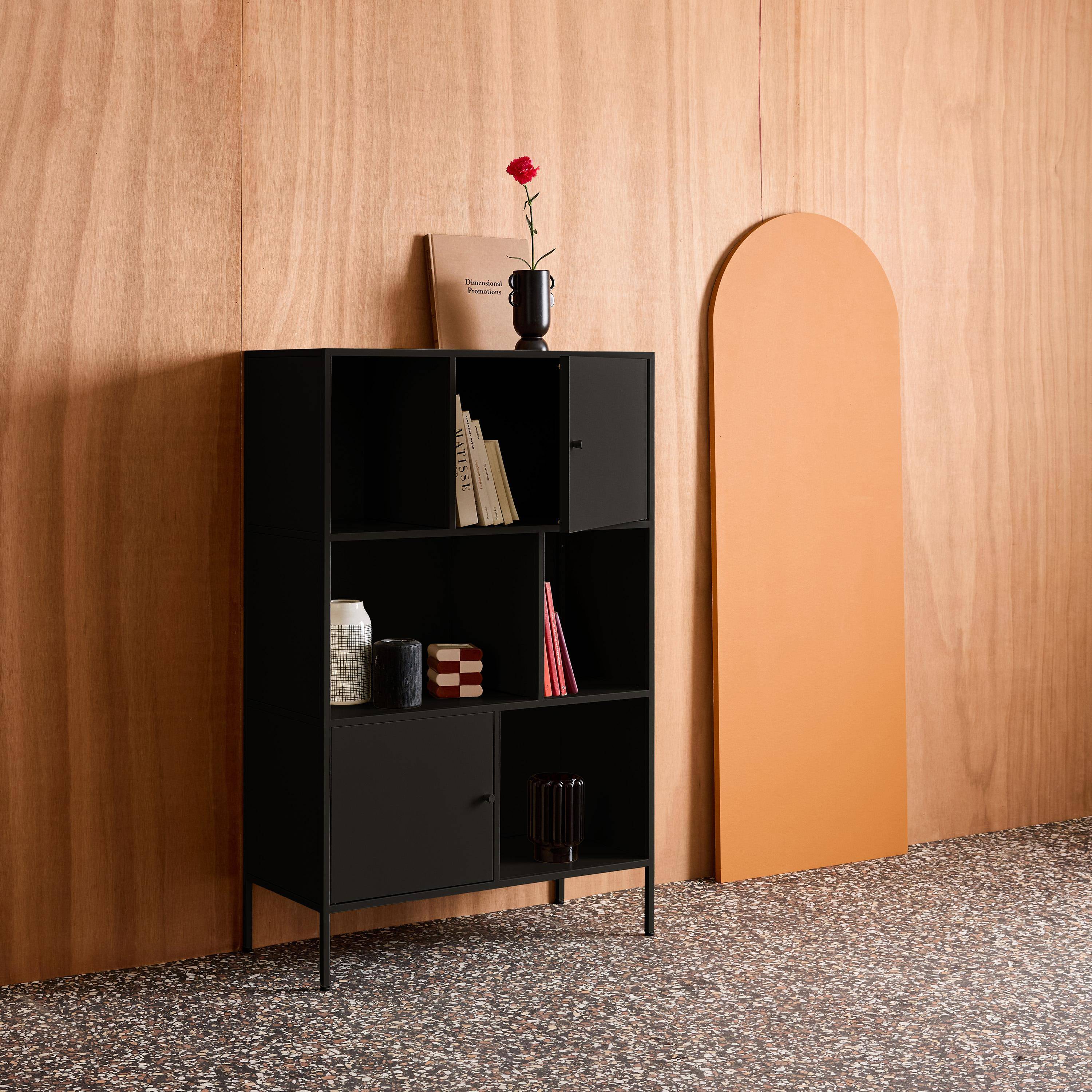 Aparador, mueble de almacenamiento industrial de metal con 6 compartimentos Negro - 80x35x125 cm,sweeek,Photo4