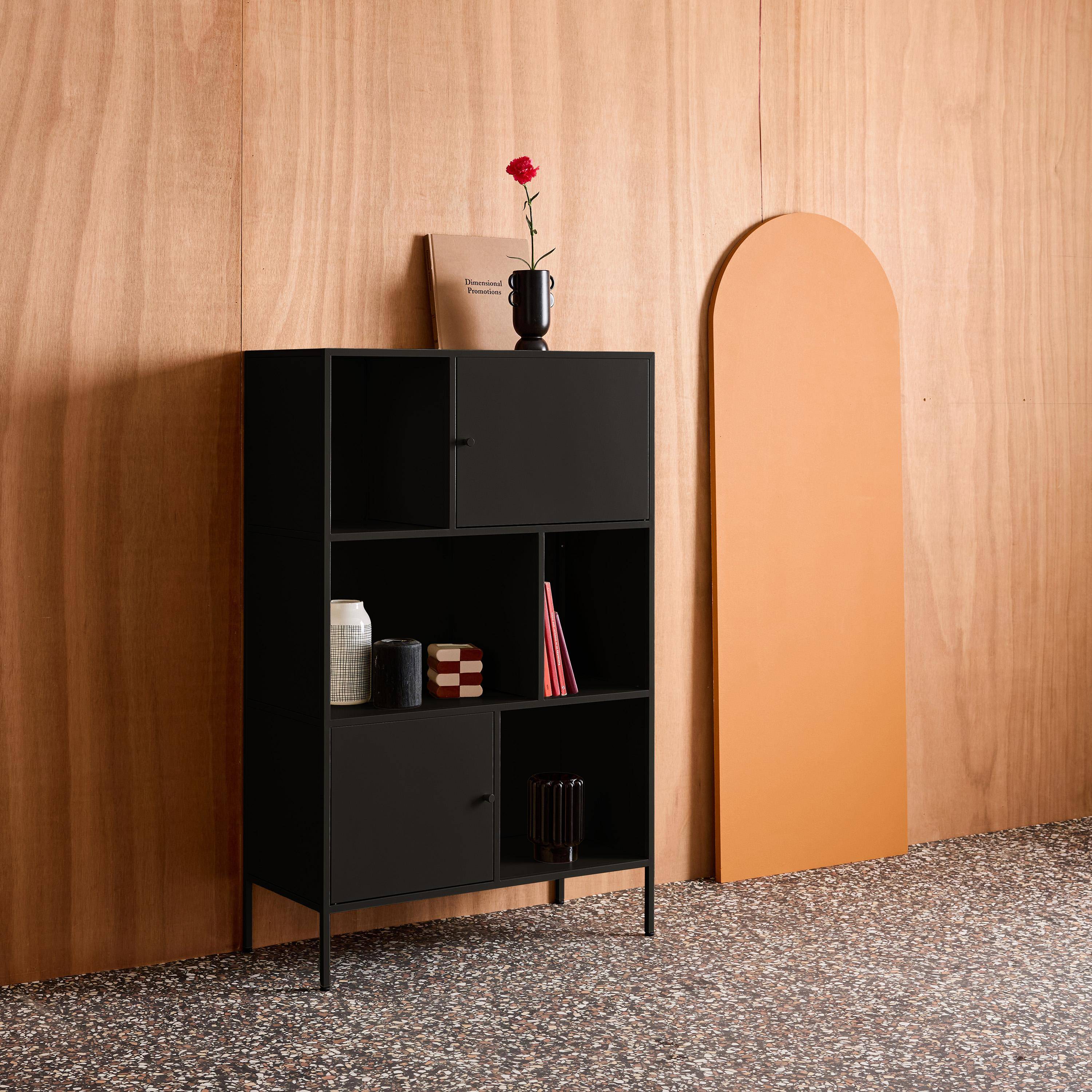 Aparador, mueble de almacenamiento industrial de metal con 6 compartimentos Negro - 80x35x125 cm Photo3