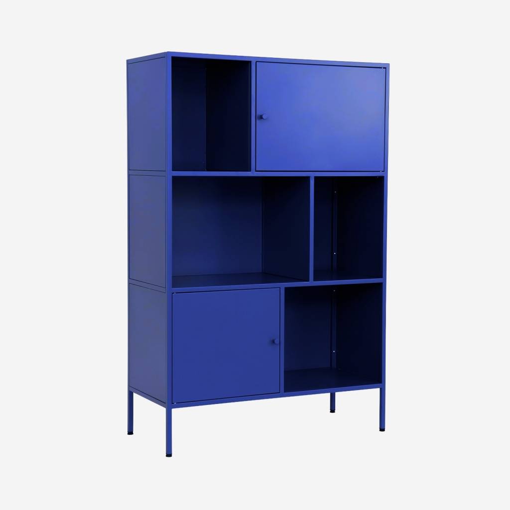 Aparador, mueble de almacenamiento industrial de metal con 6 compartimentos, Azul