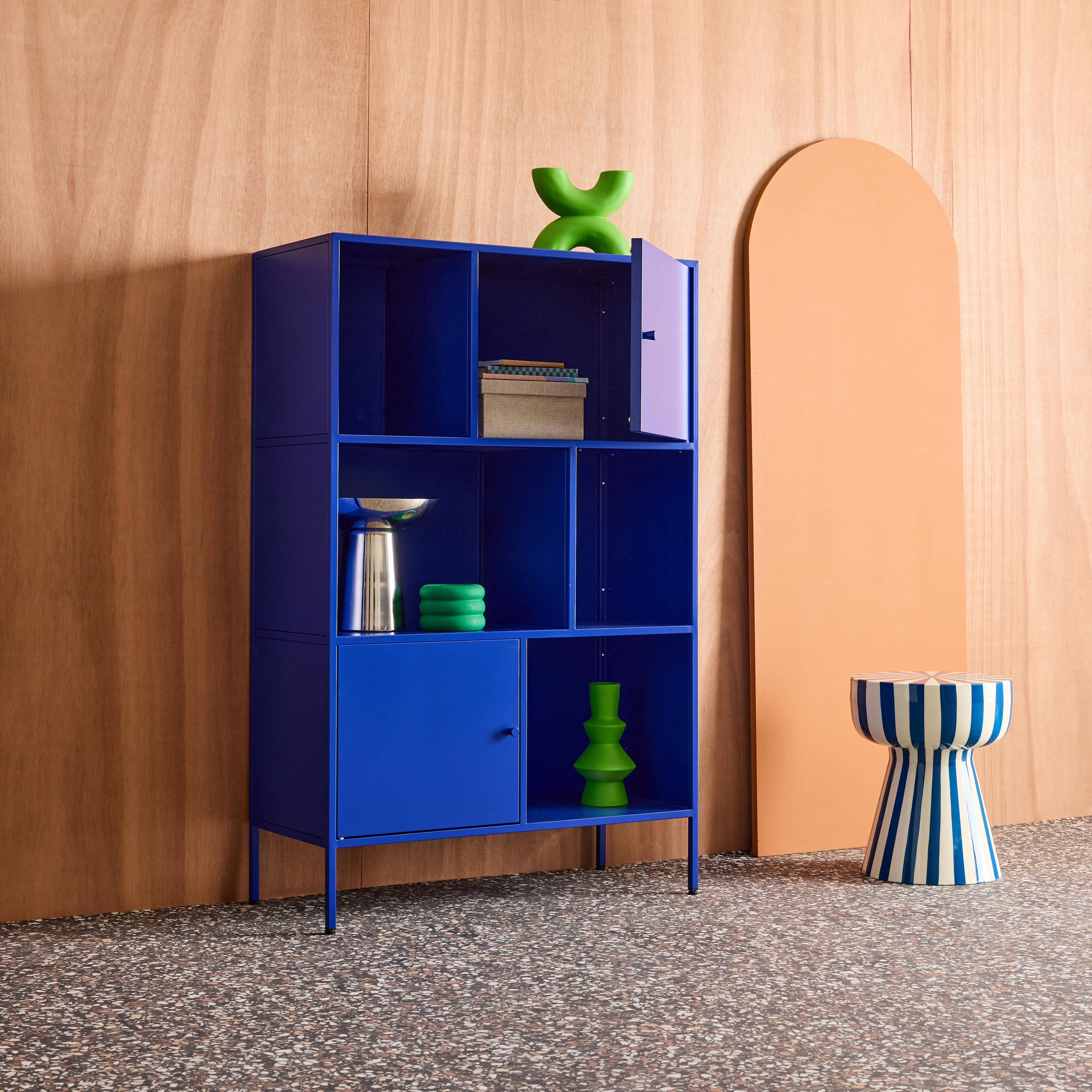 Kredens, industrialna szafka metalowa niebieska, 6 wnęk, dł. 80 x gł. 35 x wys. 125 cm - Oklahoma Photo4