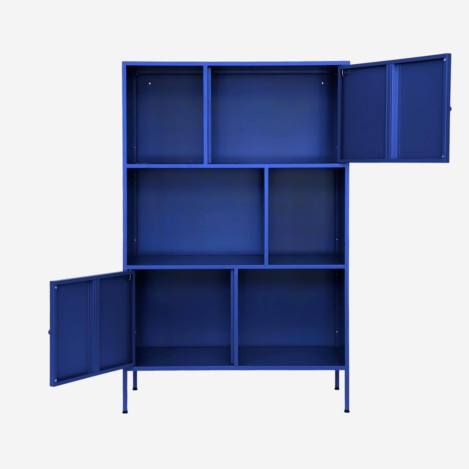 Aparador, mueble de almacenamiento industrial de metal con 6 compartimentos, Oklahoma, Azul, 80x35x125 cm Photo2