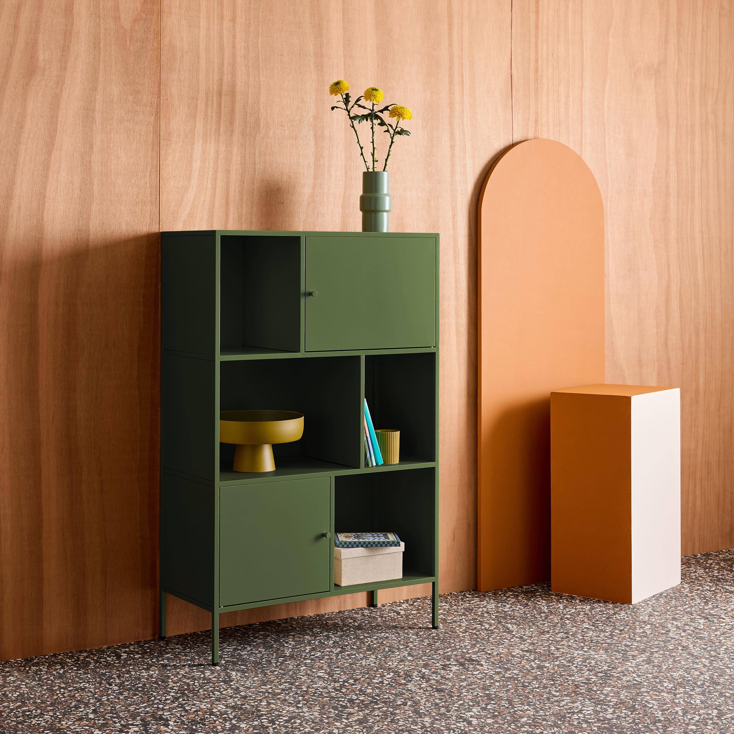 Aparador, mueble de almacenamiento industrial de metal con 6 compartimentos Verde - 80x35x125 cm Photo5