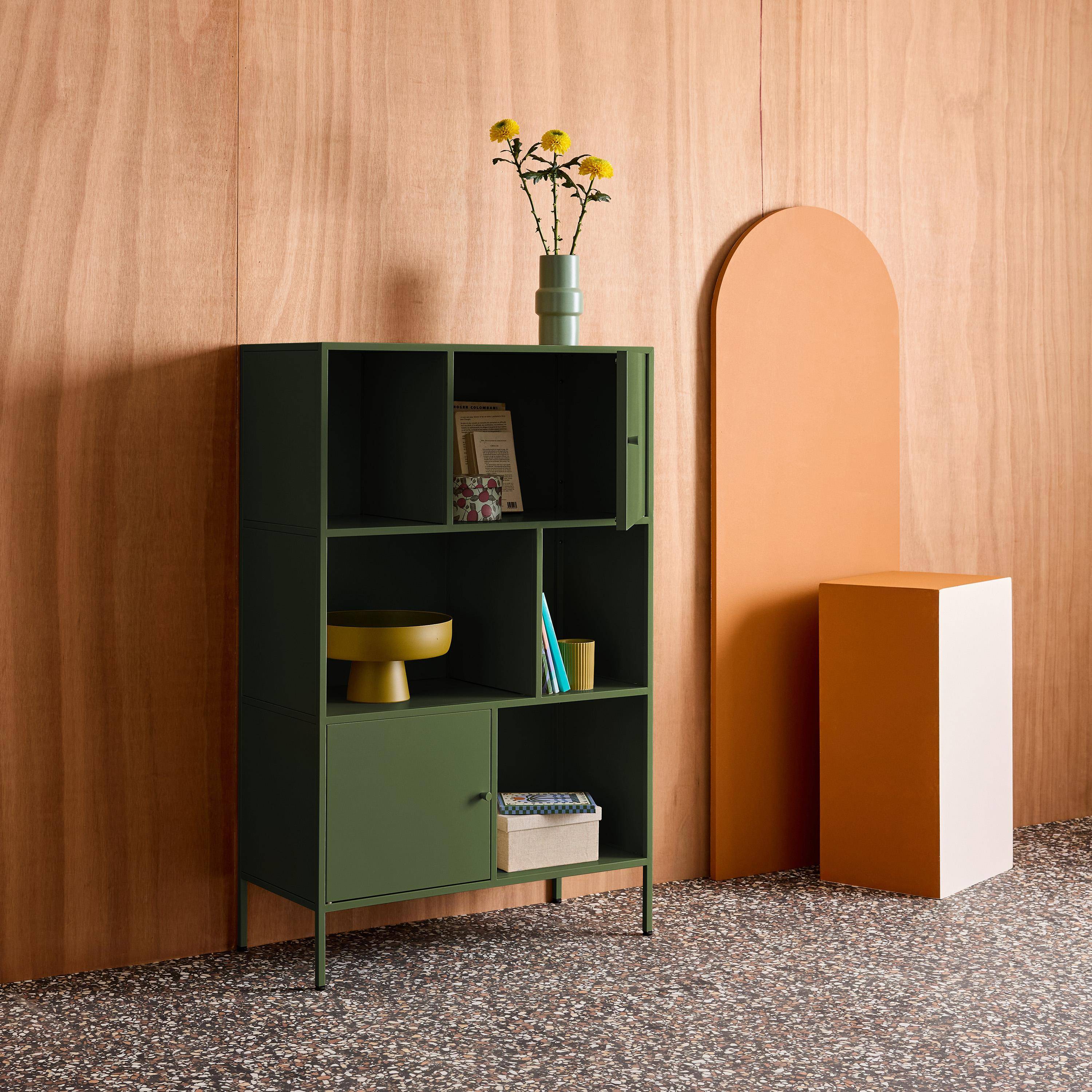 Aparador, mueble de almacenamiento industrial de metal con 6 compartimentos Verde - 80x35x125 cm Photo4