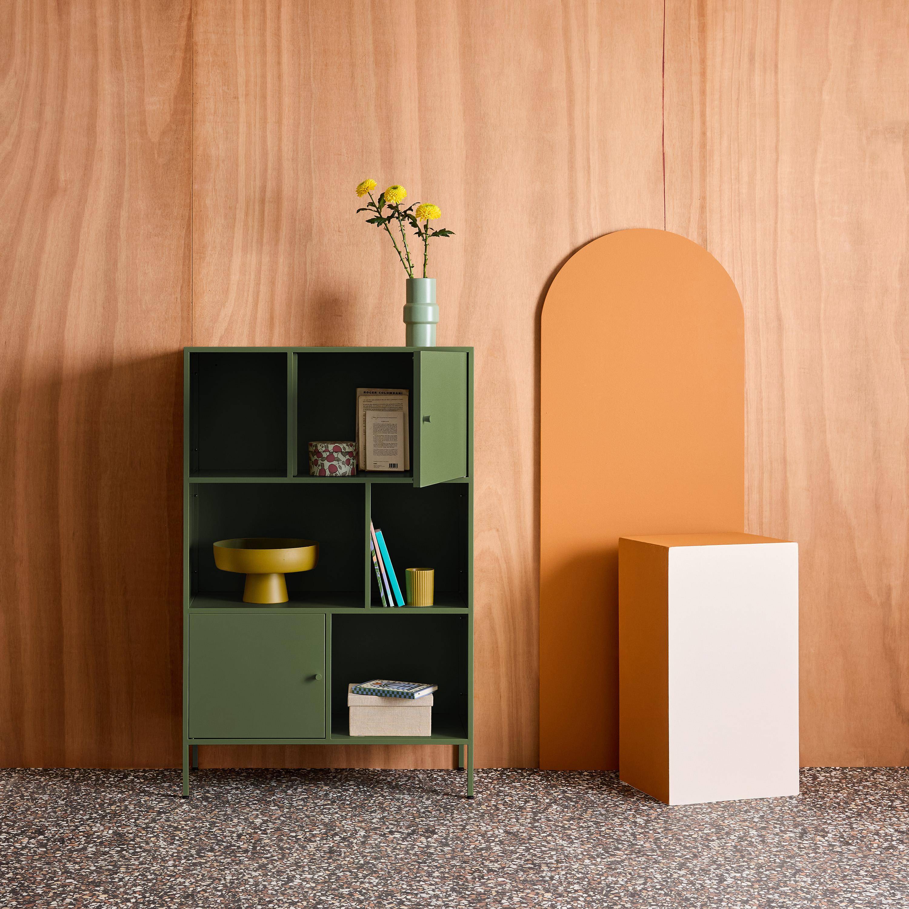 Aparador, mueble de almacenamiento industrial de metal con 6 compartimentos Verde - 80x35x125 cm Photo2