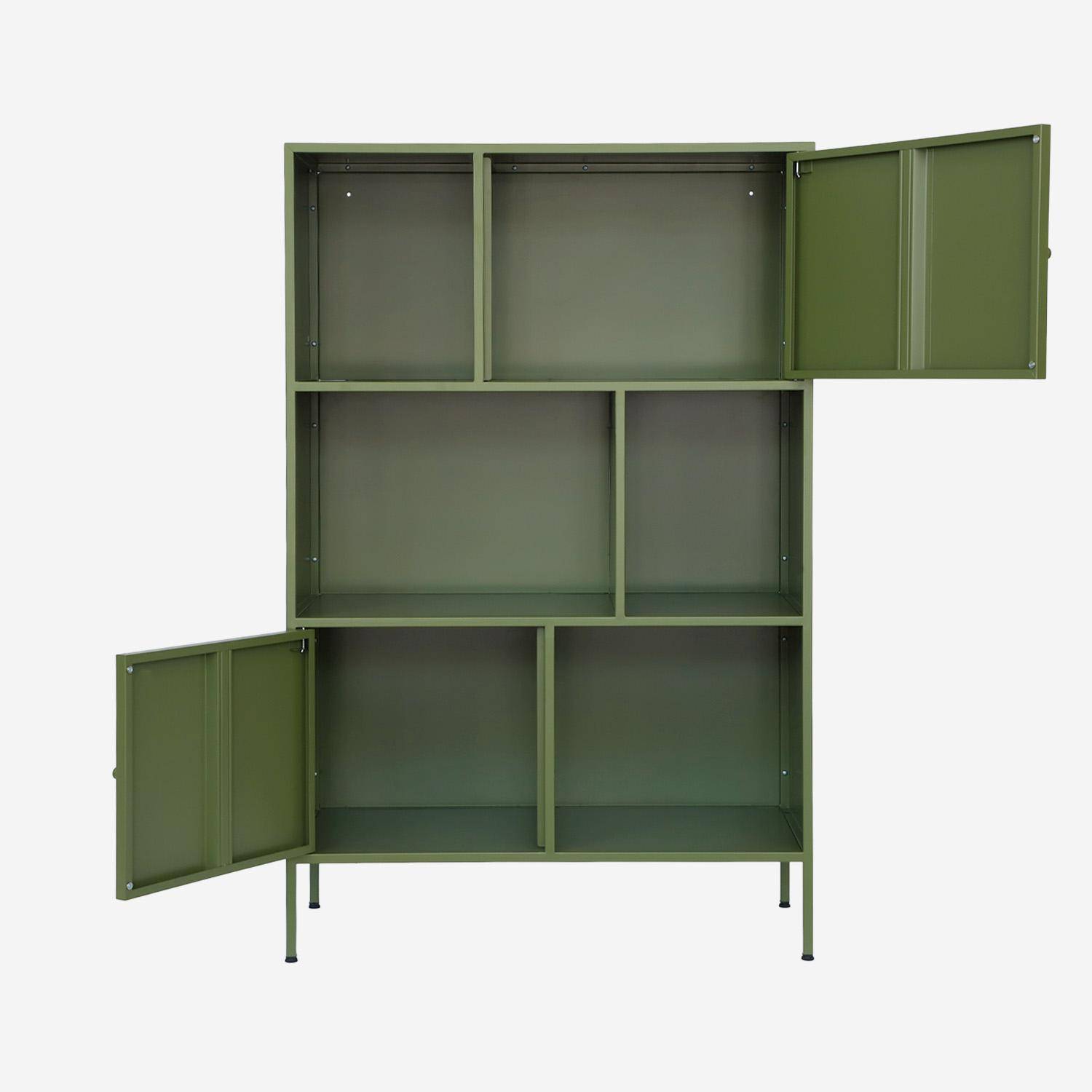 Aparador, mueble de almacenamiento industrial de metal con 6 compartimentos, Oklahoma, Verde, 80x35x125 cm Photo2