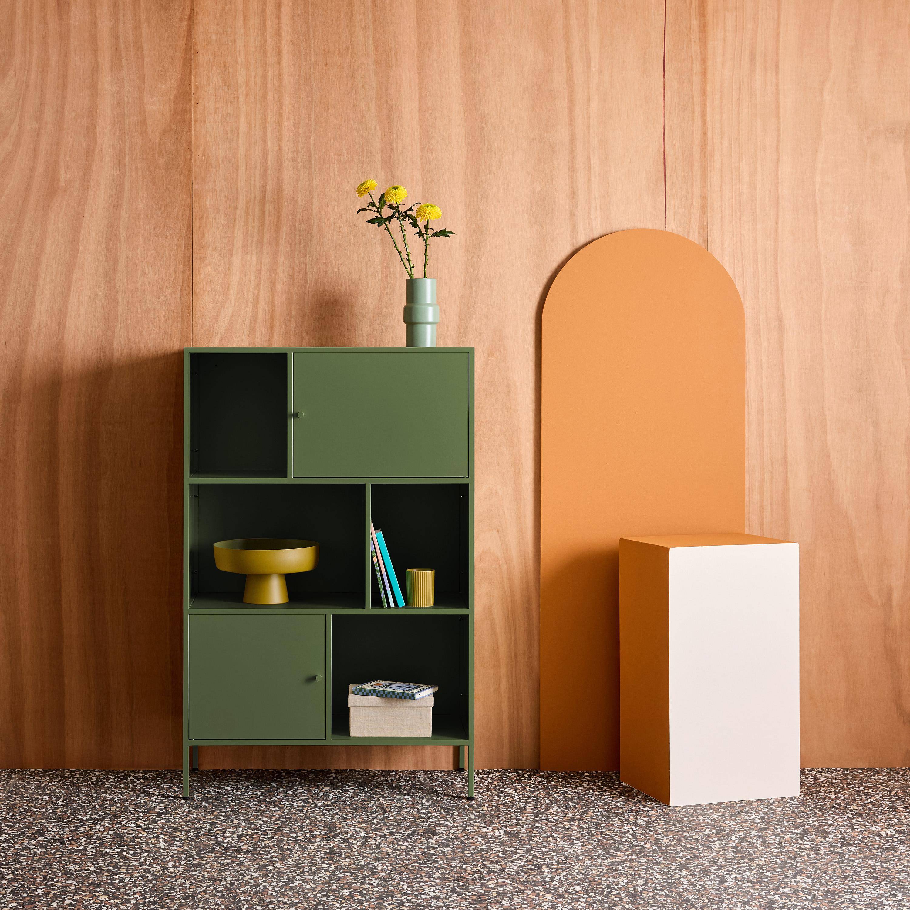 Aparador, mueble de almacenamiento industrial de metal con 6 compartimentos Verde - 80x35x125 cm Photo1