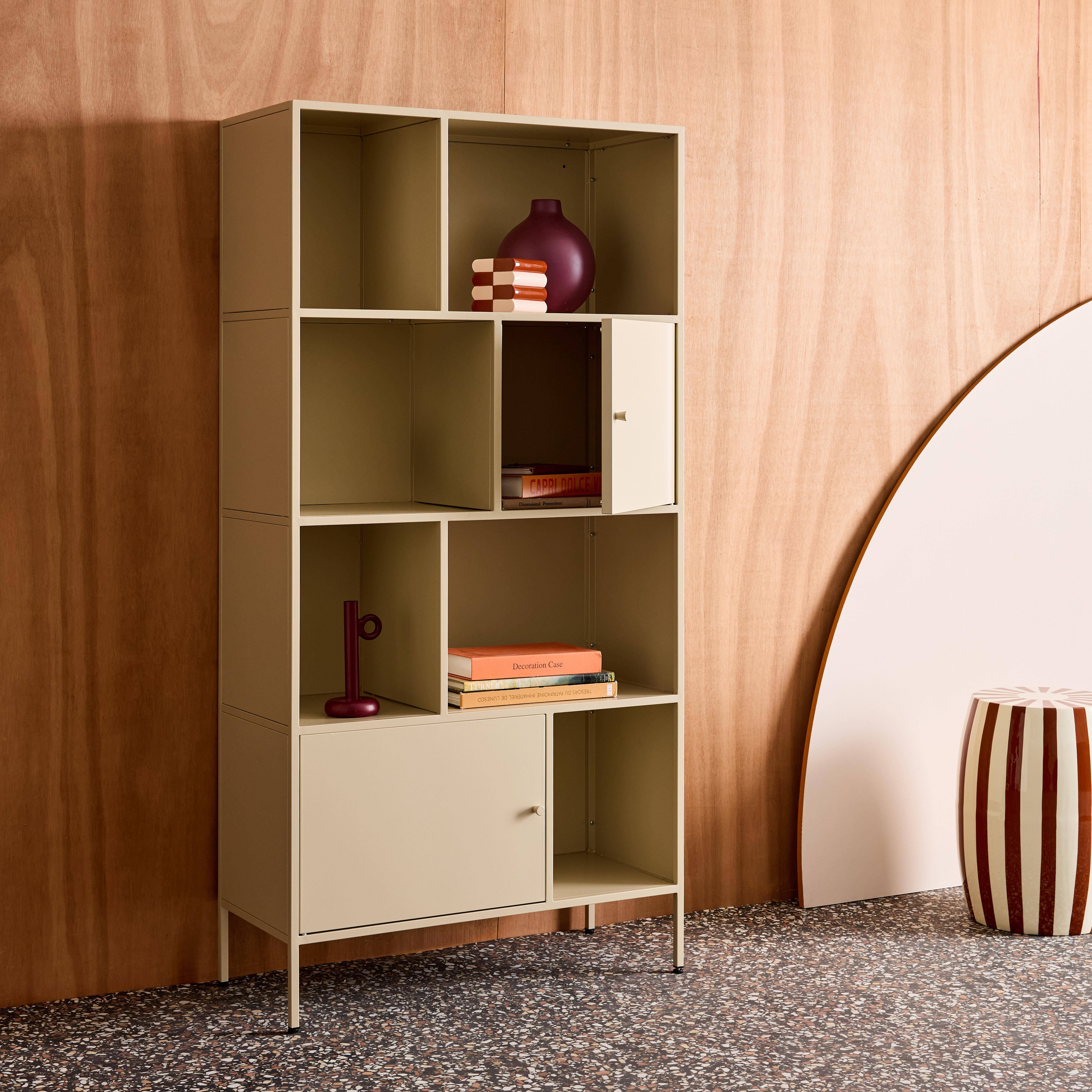 Kredens, mebel do przechowywania w stylu industrialnym, metal kremowy, 8 wnęk, dł. 80 x gł. 35 x wys. 160,5 cm - Oklahoma Photo4