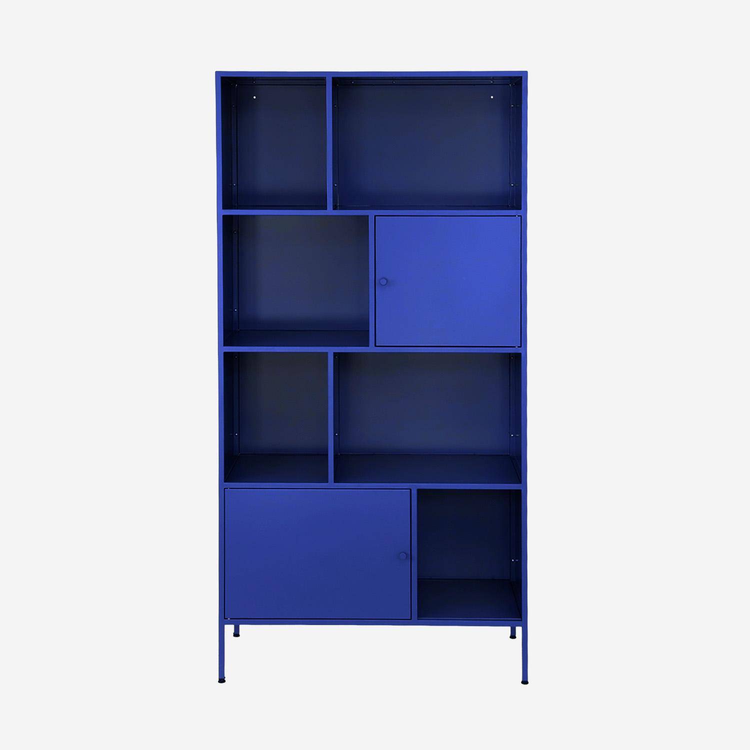 Aparador, mueble de almacenamiento industrial de metal con 8 compartimentos, Oklahoma, Azul, 80x35x160.5 cm Photo1