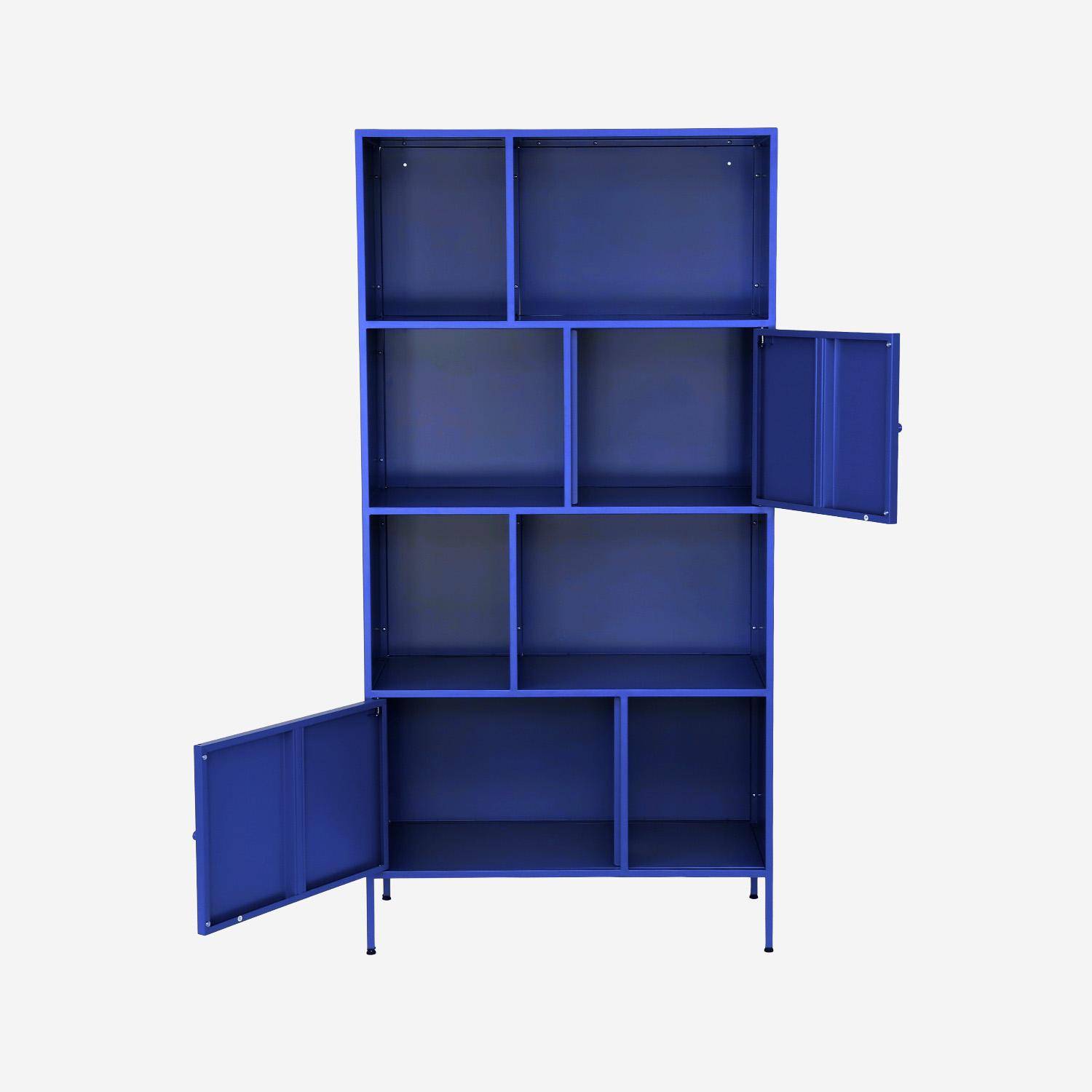 Aparador, mueble de almacenamiento industrial de metal con 8 compartimentos, Oklahoma, Azul, 80x35x160.5 cm Photo2