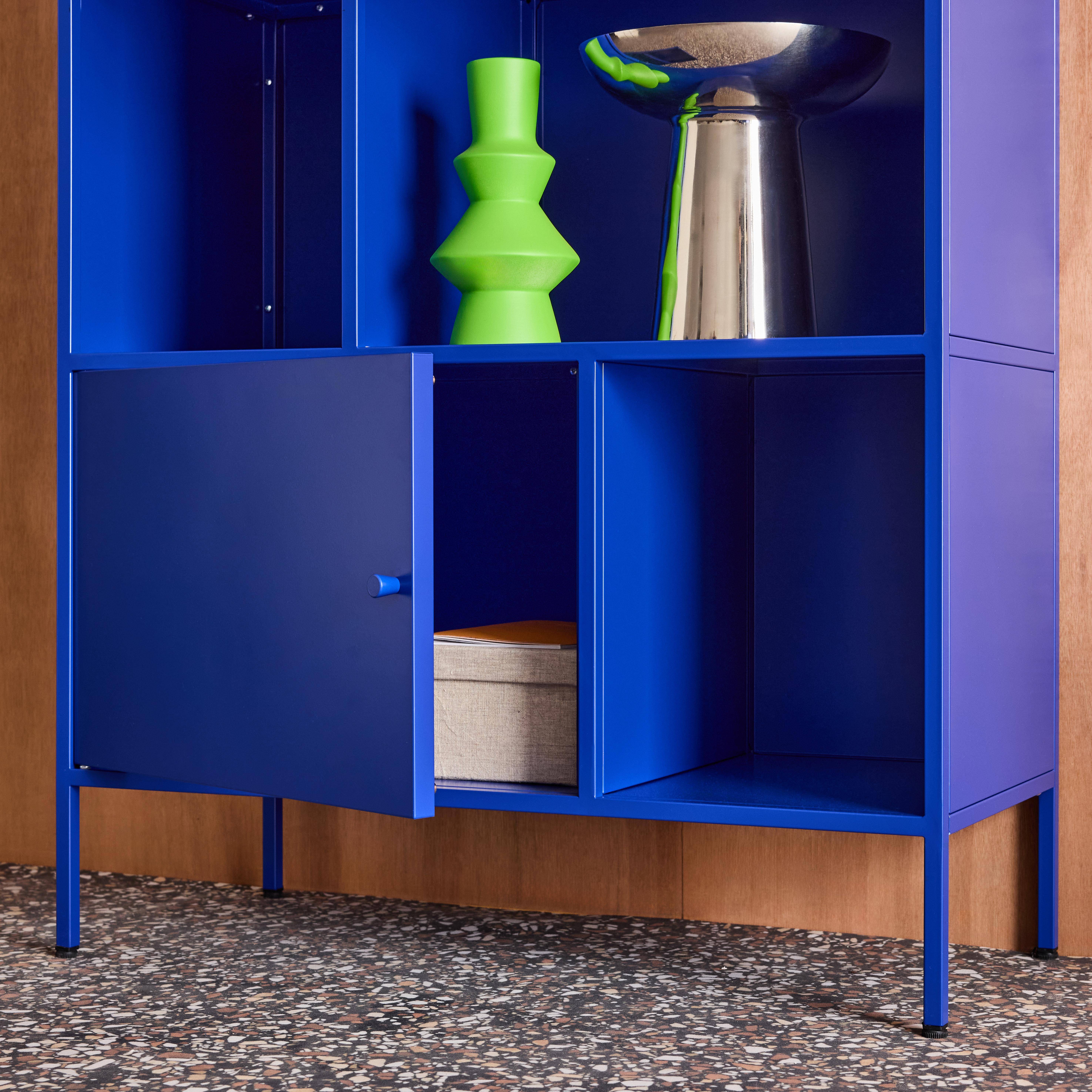 Kredens, mebel do przechowywania w stylu industrialnym, niebieski metal, 8 wnęk, dł. 80 x gł. 35 x wys. 160,5 cm - Oklahoma Photo8