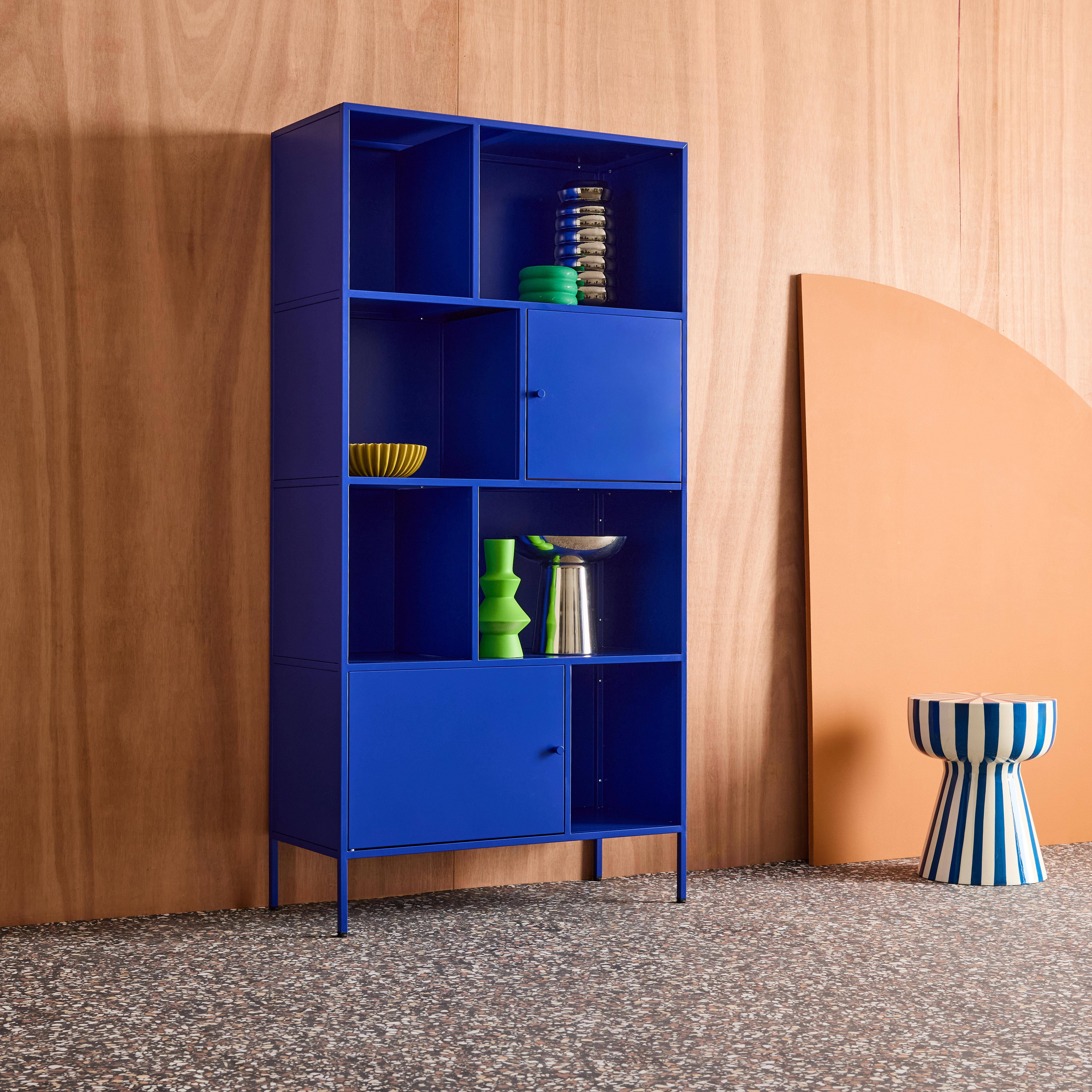 Kredens, mebel do przechowywania w stylu industrialnym, niebieski metal, 8 wnęk, dł. 80 x gł. 35 x wys. 160,5 cm - Oklahoma Photo5