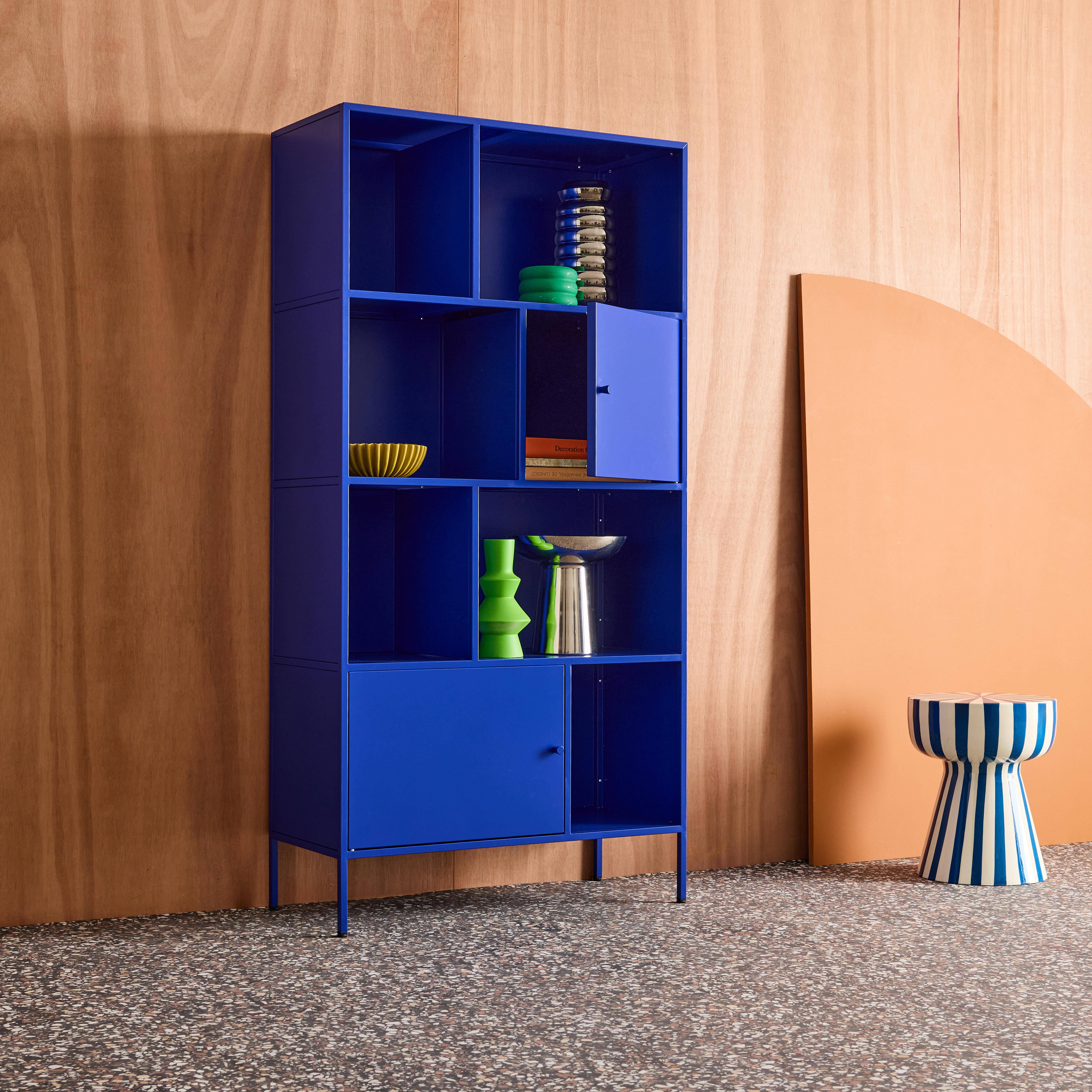 Kredens, mebel do przechowywania w stylu industrialnym, niebieski metal, 8 wnęk, dł. 80 x gł. 35 x wys. 160,5 cm - Oklahoma Photo4