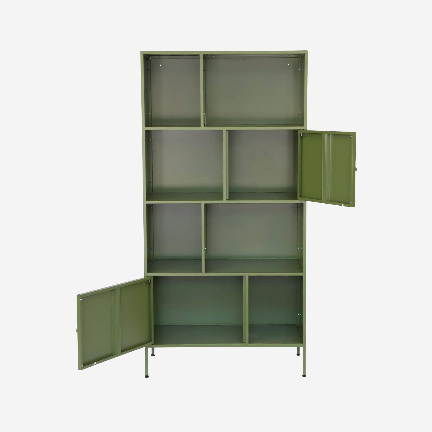 Aparador, mueble de almacenamiento industrial de metal con 8 compartimentos, Oklahoma, Verde, 80x35x160.5 cm Photo2