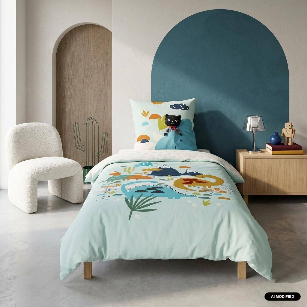 Bettwäsche-Set aus Baumwolle, wendbar, wassergrün mit Dinosaurierdruck, 1 Person 140 x 200 cm