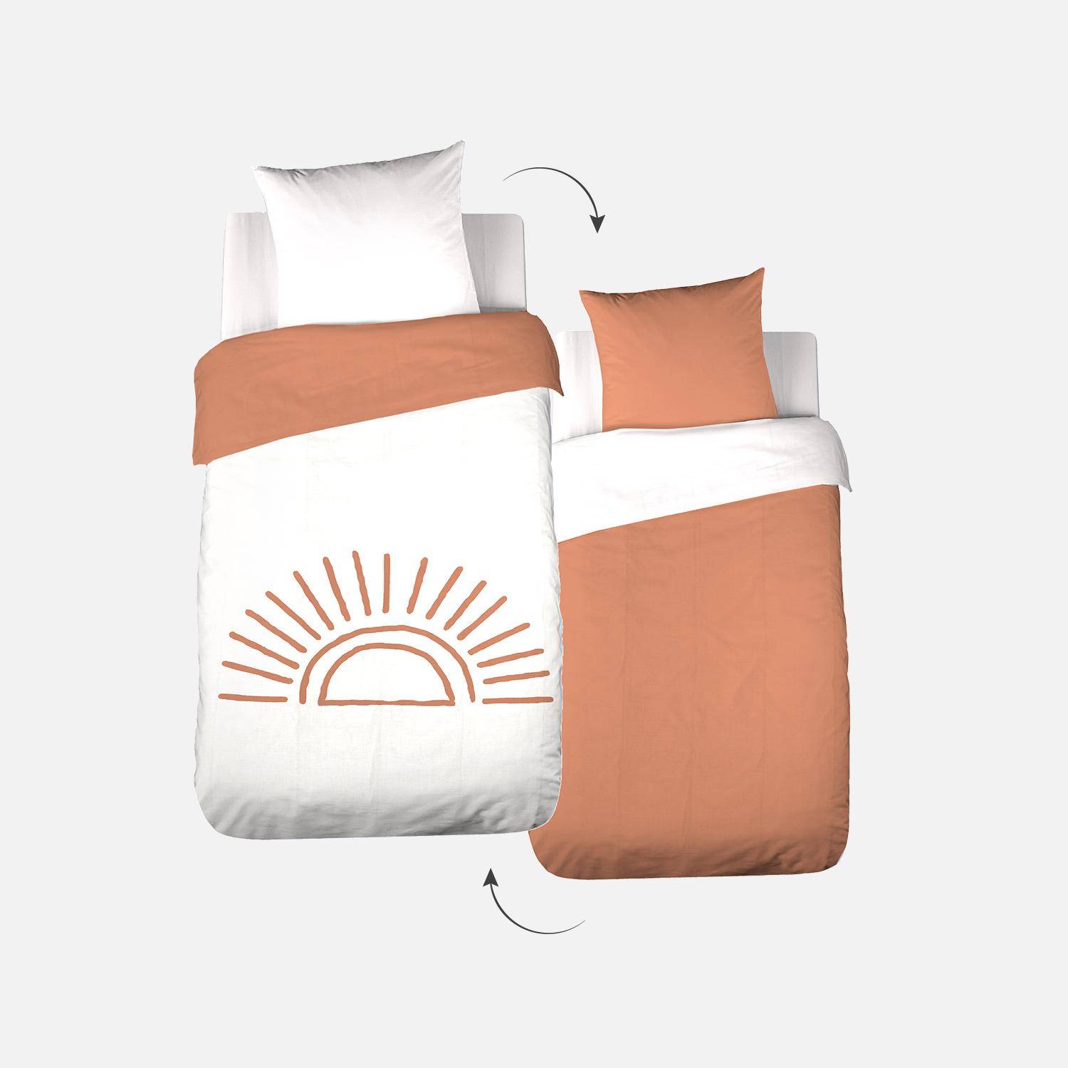 Set biancheria da letto in cotone reversibile stampato sole bianco/terracotta, 140 cm Terracotta - 140x0.5x200 cm,sweeek,Photo3