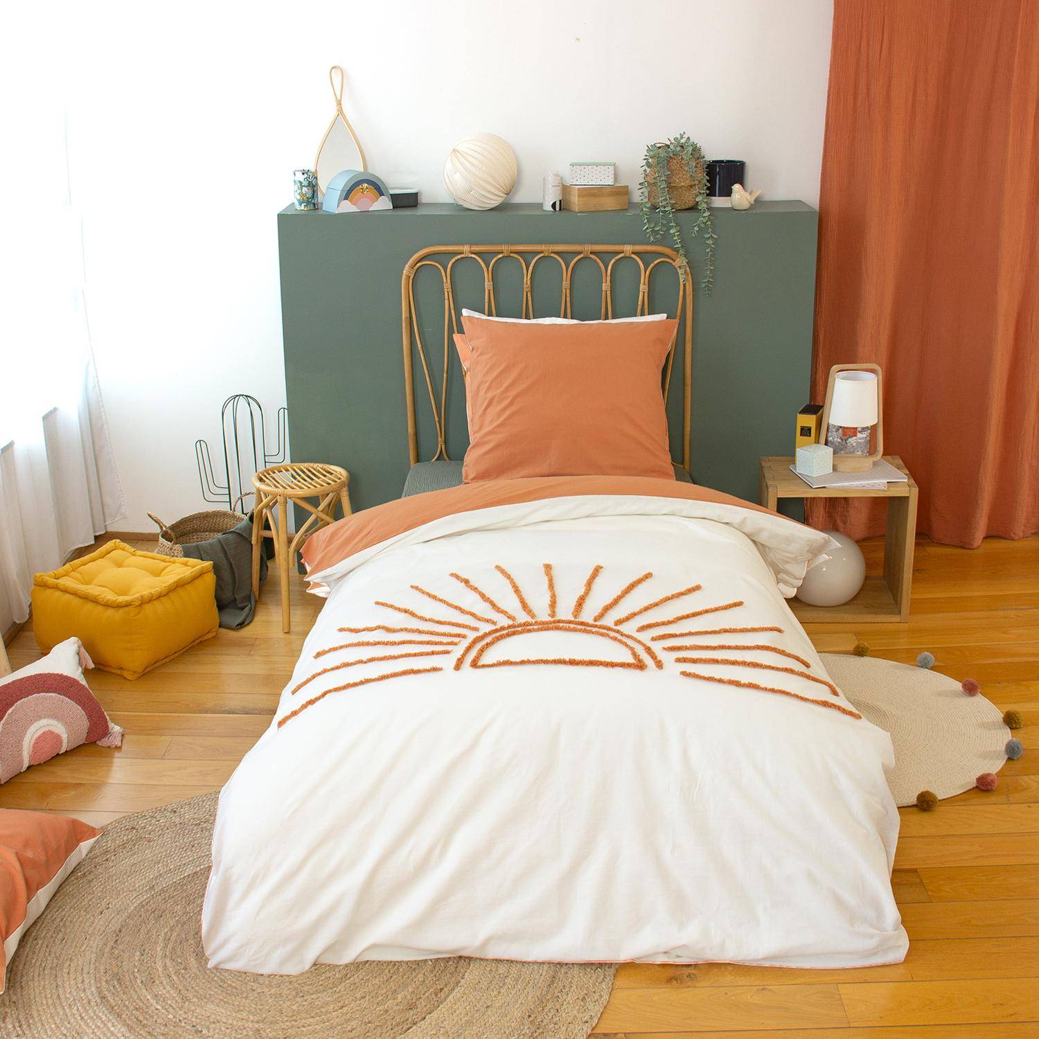 Set di biancheria da letto in cotone reversibile stampato sole bianco/terracotta 1 posto 140 cm, Solino, Terracotta, 140x0.5x200 cm Photo1