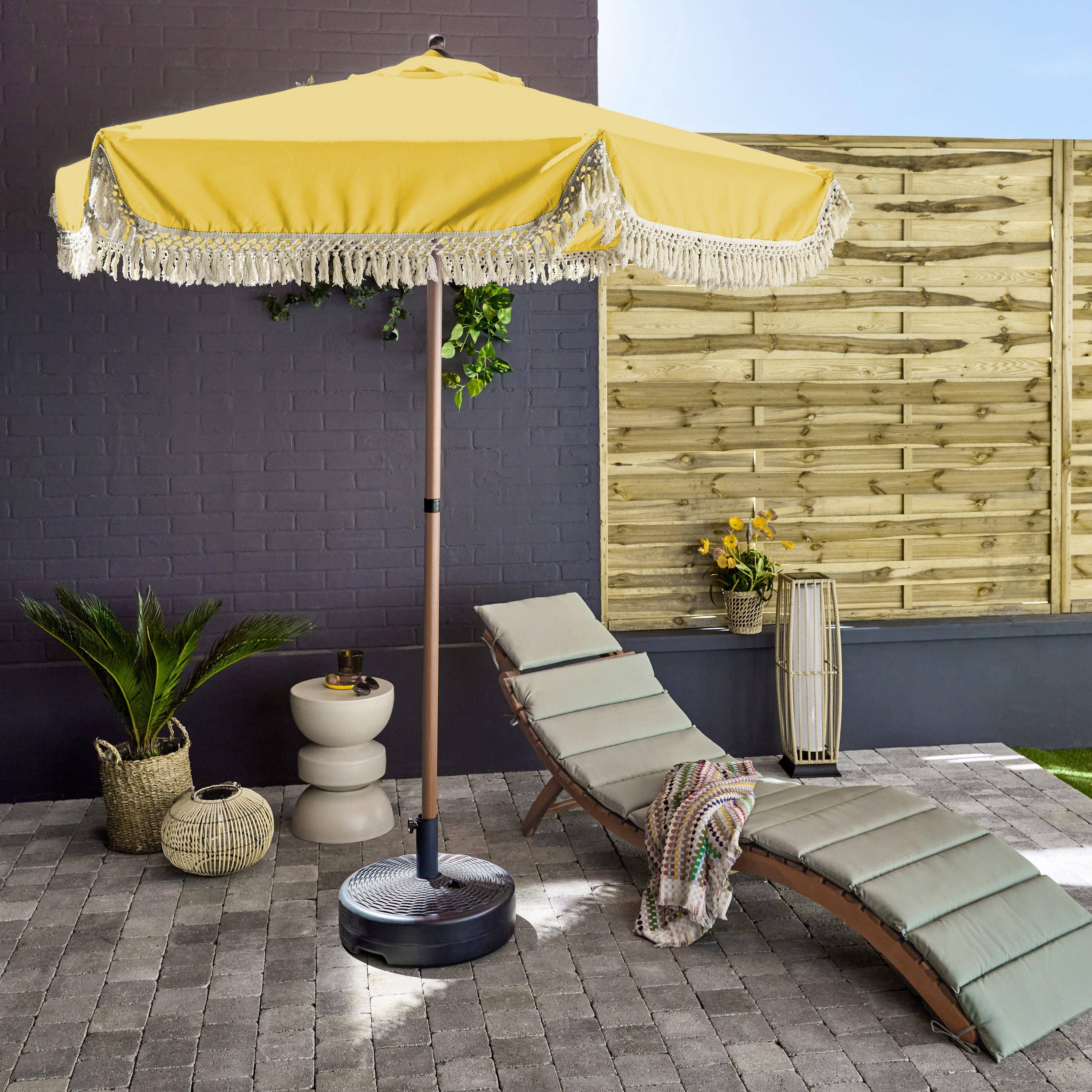 Parasol HOSSEGOR droit à franges 2m, ocre, acier, mât effet bois, UPF 30+, D 200 x H 225 cm,sweeek,Photo2