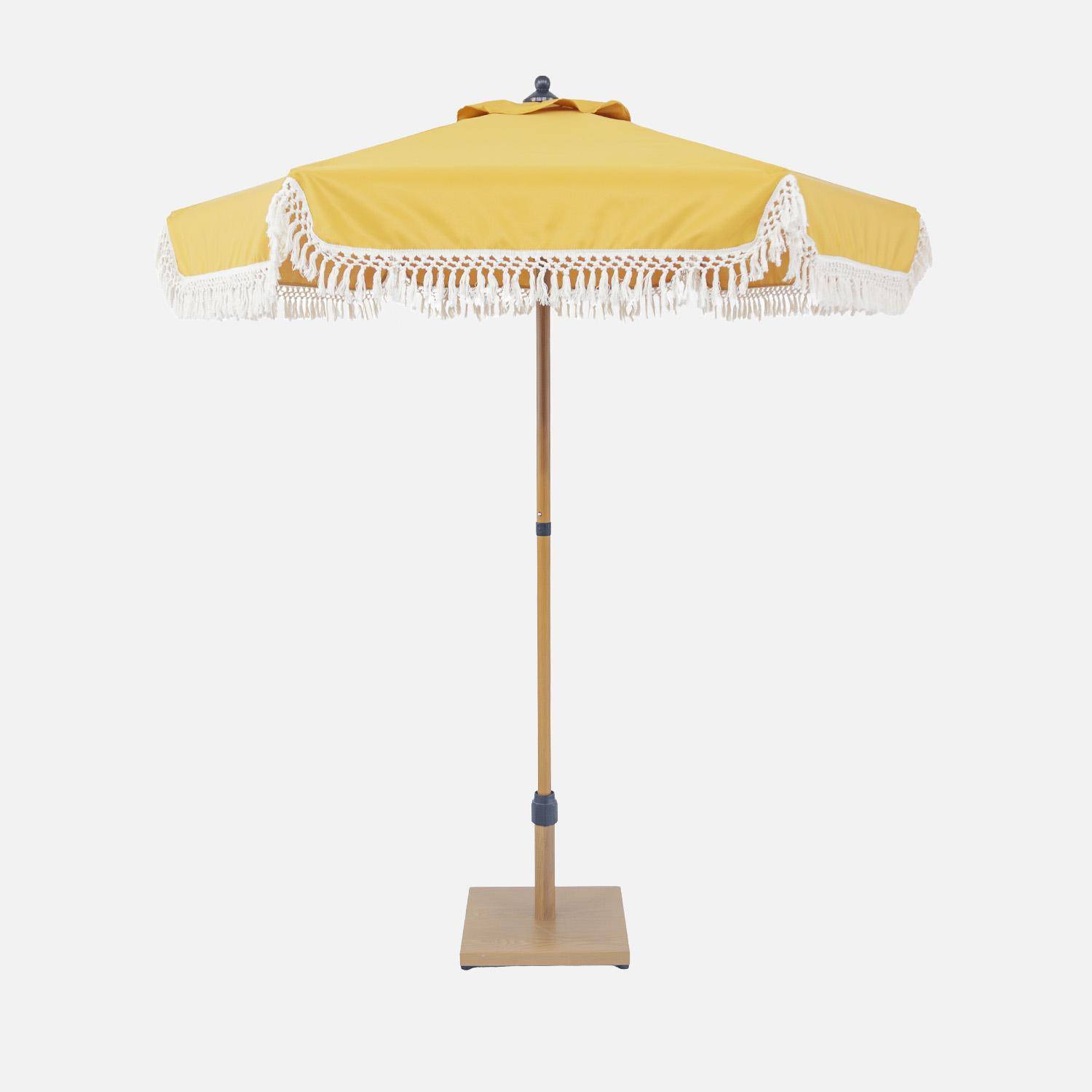 Parasol HOSSEGOR droit à franges 2m, ocre, acier, mât effet bois, UPF 30+, D 200 x H 225 cm,sweeek,Photo4
