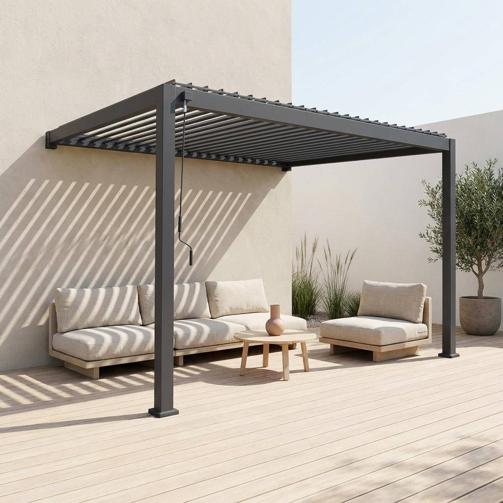Pergola bioclimatique aluminium anthracite adossée lames orientables 4x3m Triomphe ,sweeek,Photo1