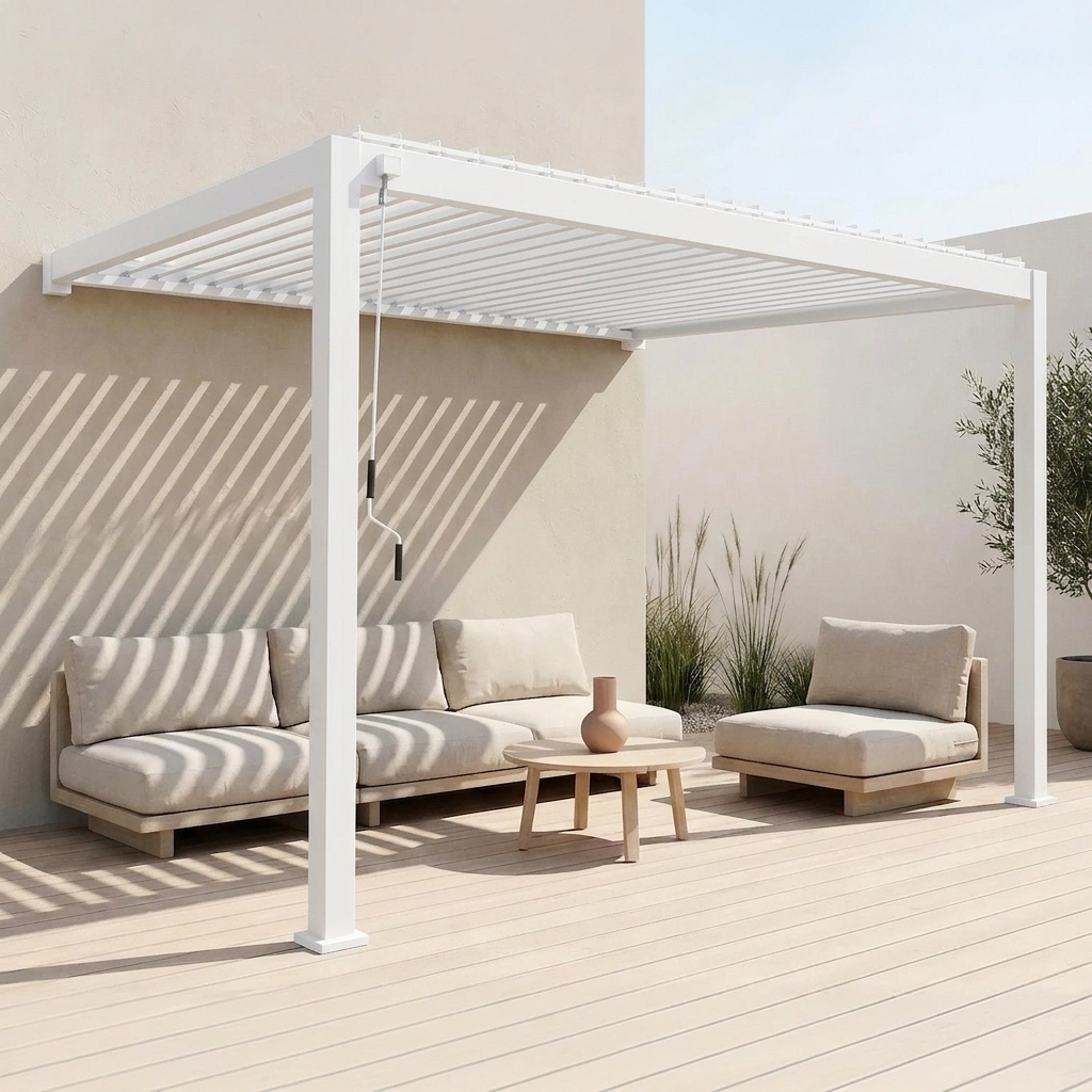 Pérgola bioclimática encostada em alumínio 3x4m com lâminas ajustáveis, Triomphe 3x4m encostada, Branco, 391x301x250 cm Photo1