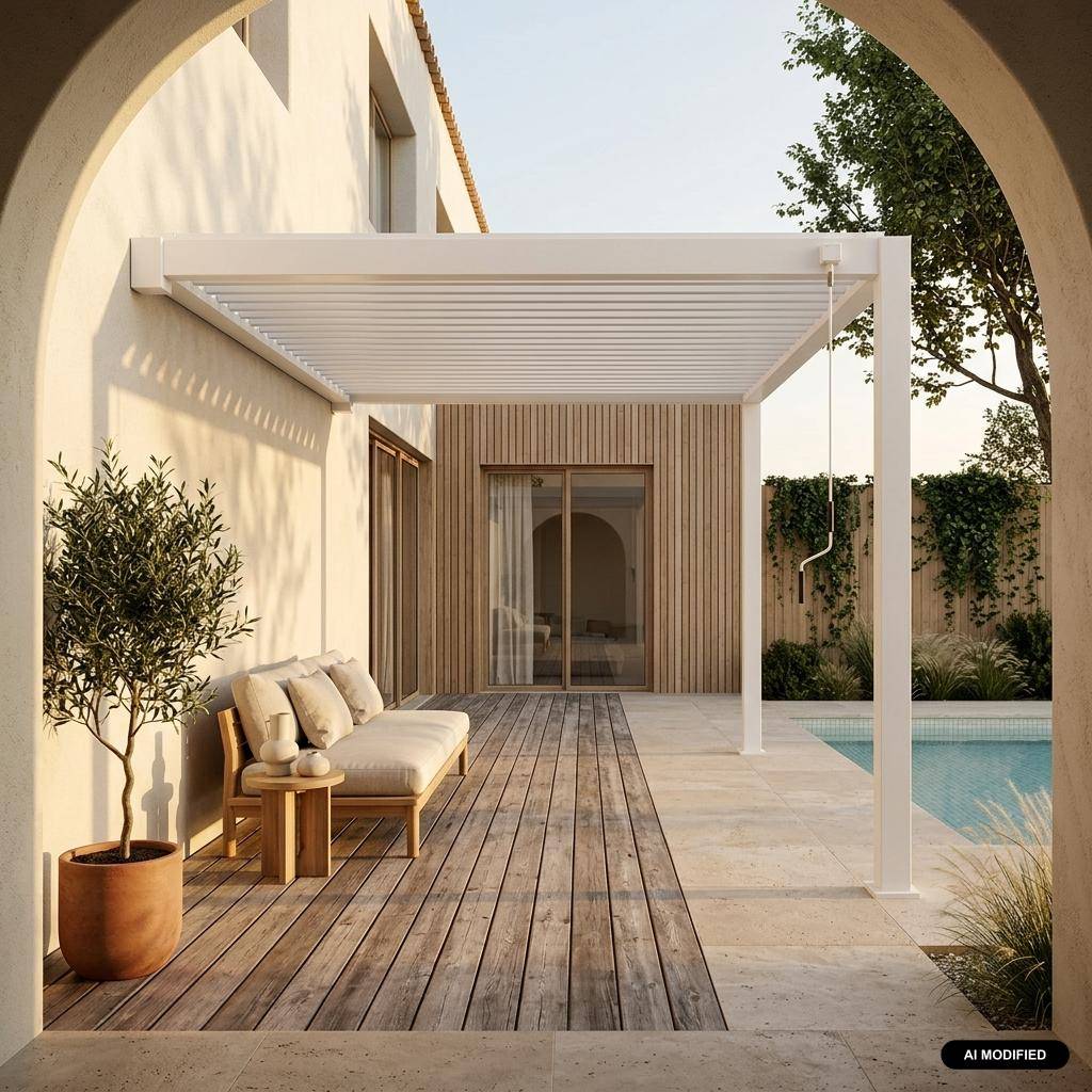 Muurpergola met lamellendak 4x3m aluminium verstelbare lamellen wit - Triomphe Photo1