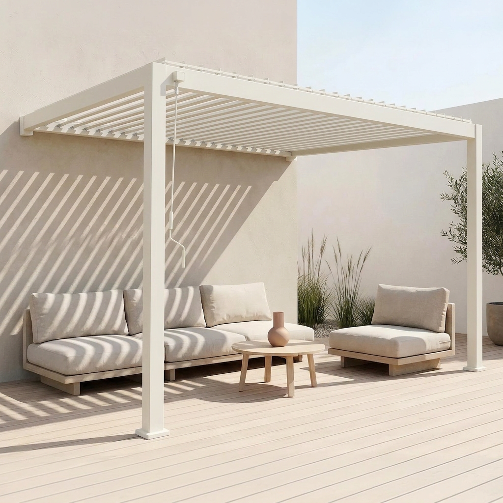 Pérgola bioclimática encostada em alumínio 3x4m com lâminas ajustáveis, Triomphe 3x4m encostada, Bege, 391x301x250 cm Photo1