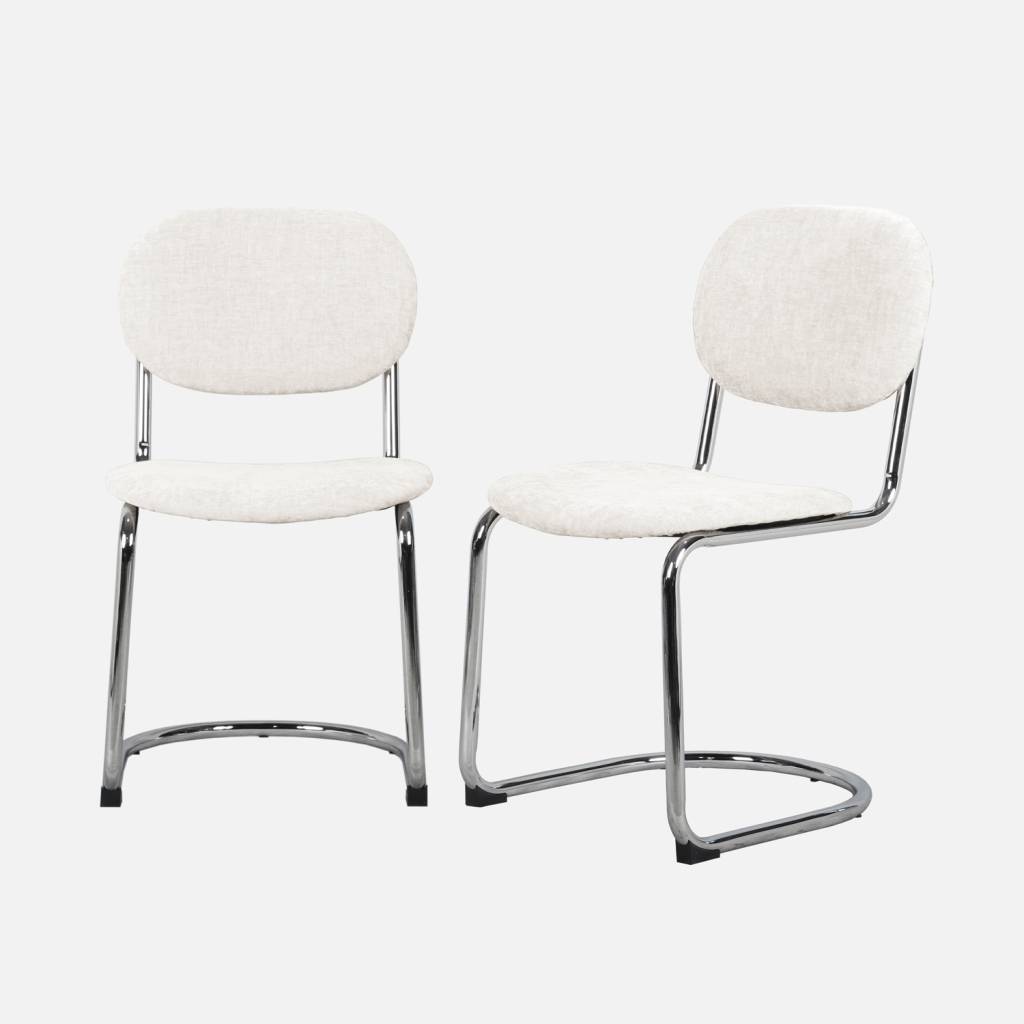 Set 2 sedie arrotondate metallo, tessuto bouclé e gambe cromate, Beige