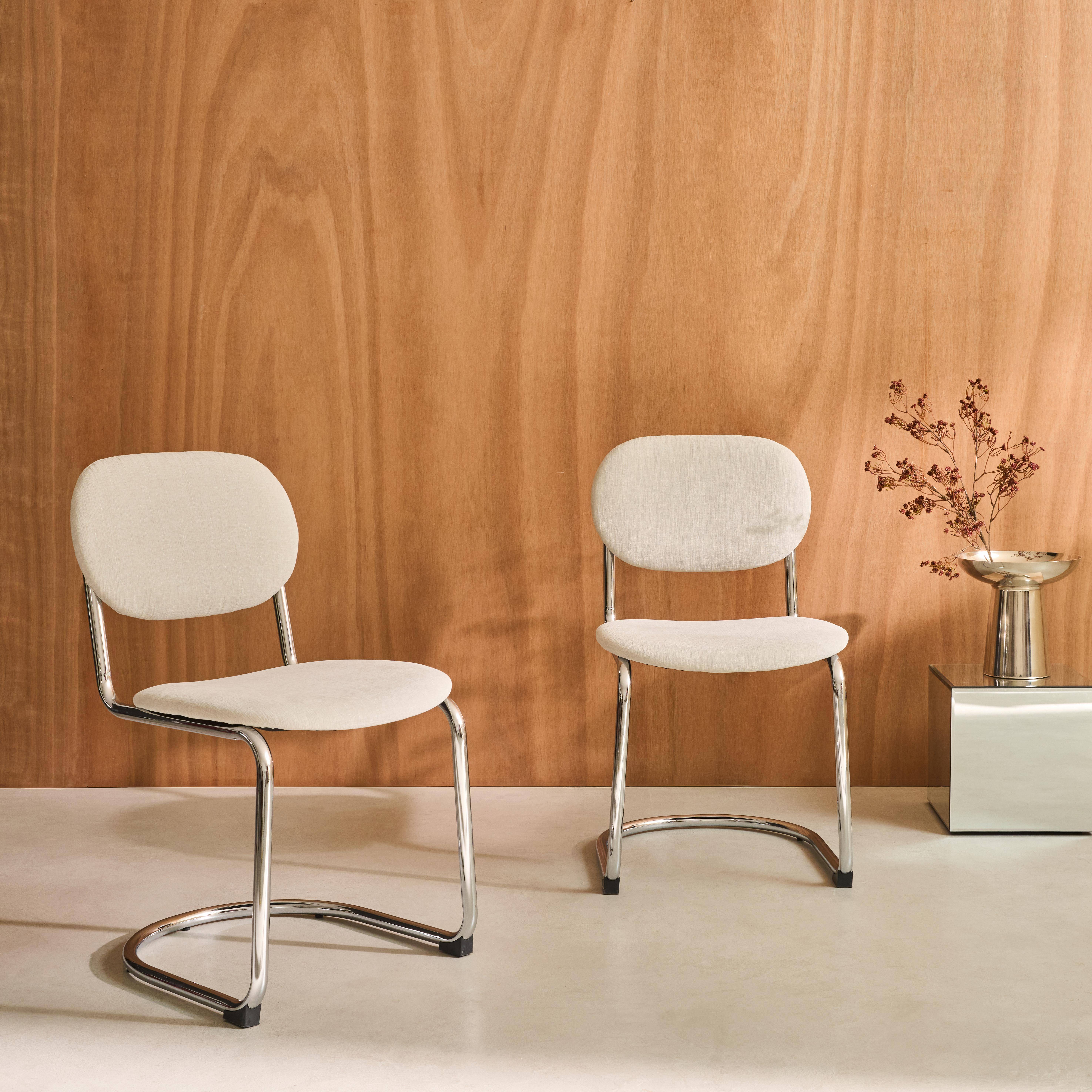 Zestaw 2 krzeseł z metalową ramą, obiciem z tkaniny beżowa szenilowej i chromowanymi nóżkami – dł. 47 x gł. 54,5 x wys. 81 cm – Maloa Photo1