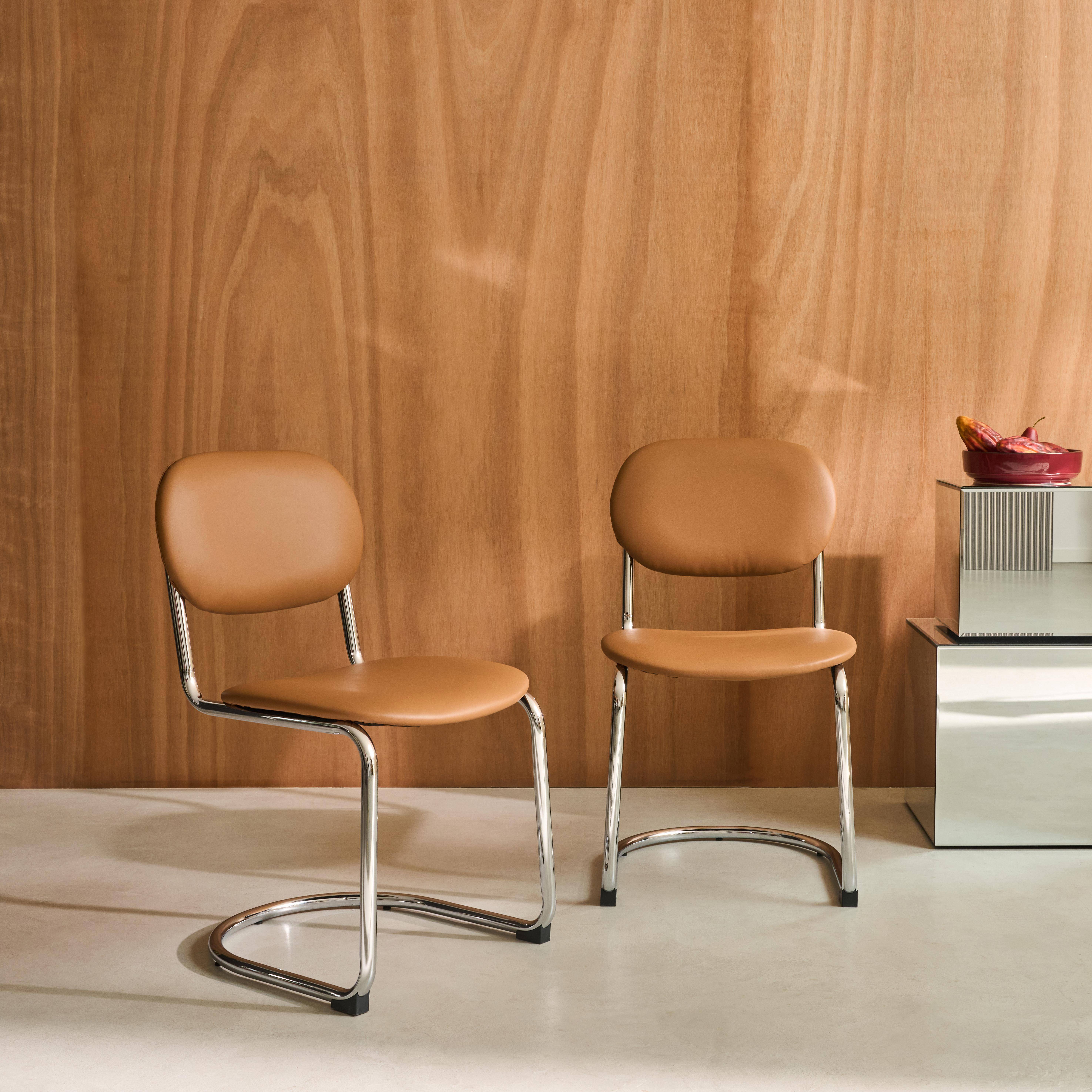 Zestaw 2 krzeseł z metalową ramą, brązową tapicerką z imitacji skóry i chromowanymi nóżkami – dł. 47 x gł. 54,5 x wys. 81 cm – Maloa,sweeek,Photo1