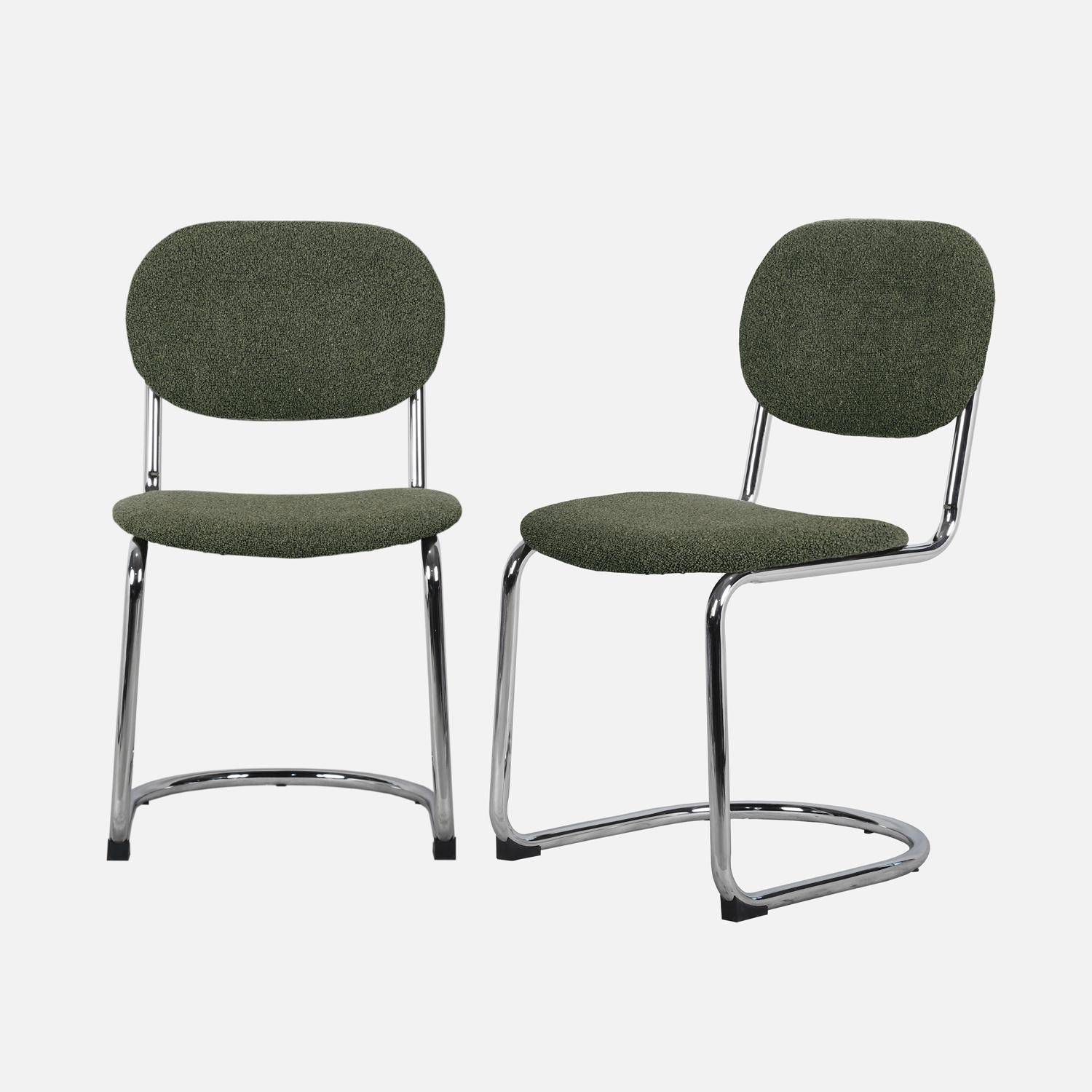 Lot de 2 chaises cantilever arrondie métal, bouclette texturée kaki et pieds chromés - L 47 x P 54.5 x H 81cm - Maloa Photo1