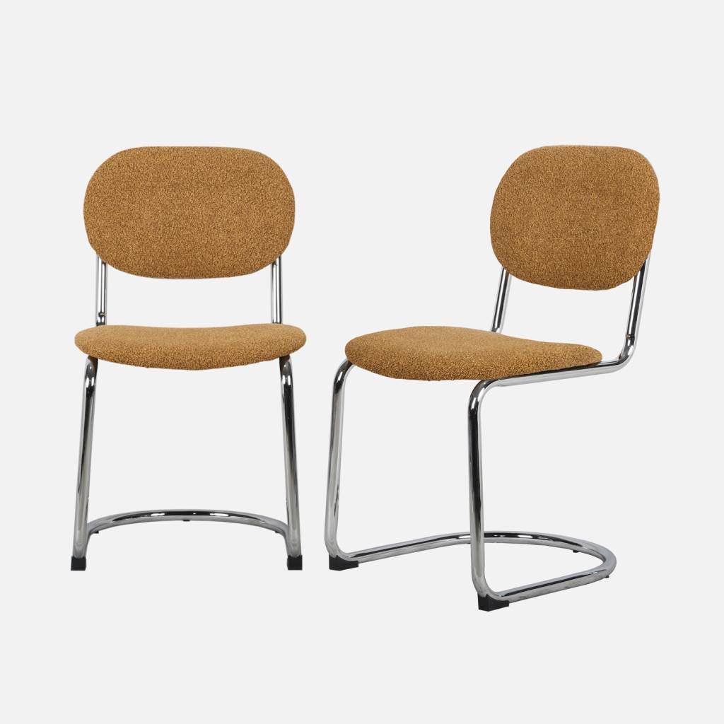 Chaise cantilever arrondie métal, bouclette texturée moutarde et pieds chromés (lot de 2)