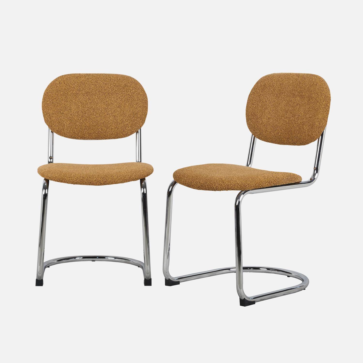 Lot de 2 chaises cantilever arrondie métal, bouclette texturée moutarde et pieds chromés - L 47 x P 54.5 x H 81cm - Maloa Photo1