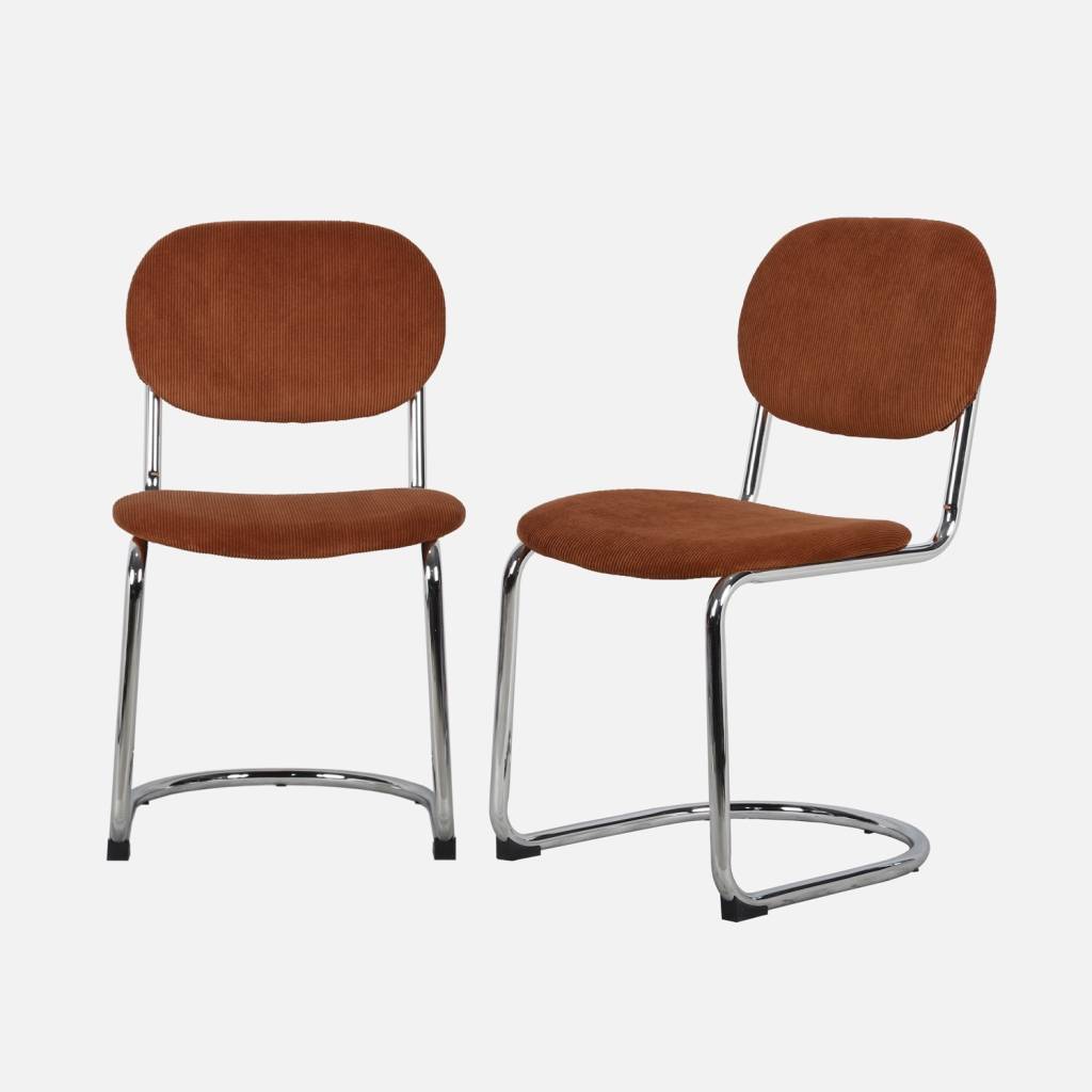 Chaise cantilever arrondie métal, velours côtelé camel et pieds chromés (lot de 2)