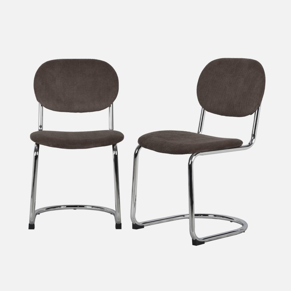 Chaise cantilever arrondie métal, velours côtelé marron clair et pieds chromés (lot de 2)