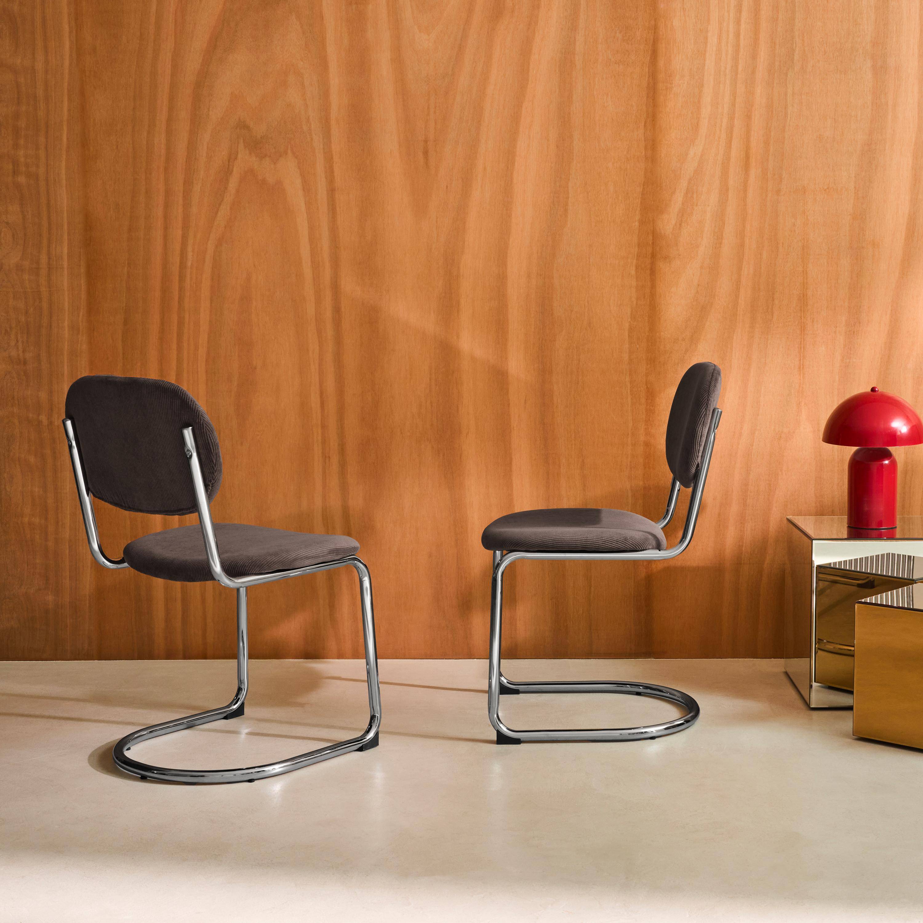 Silla cantilever redondeada de metal, pana y patas cromadas, set de 2, Maloa pana, Marrón claro, 47x54.5x81 cm Photo2