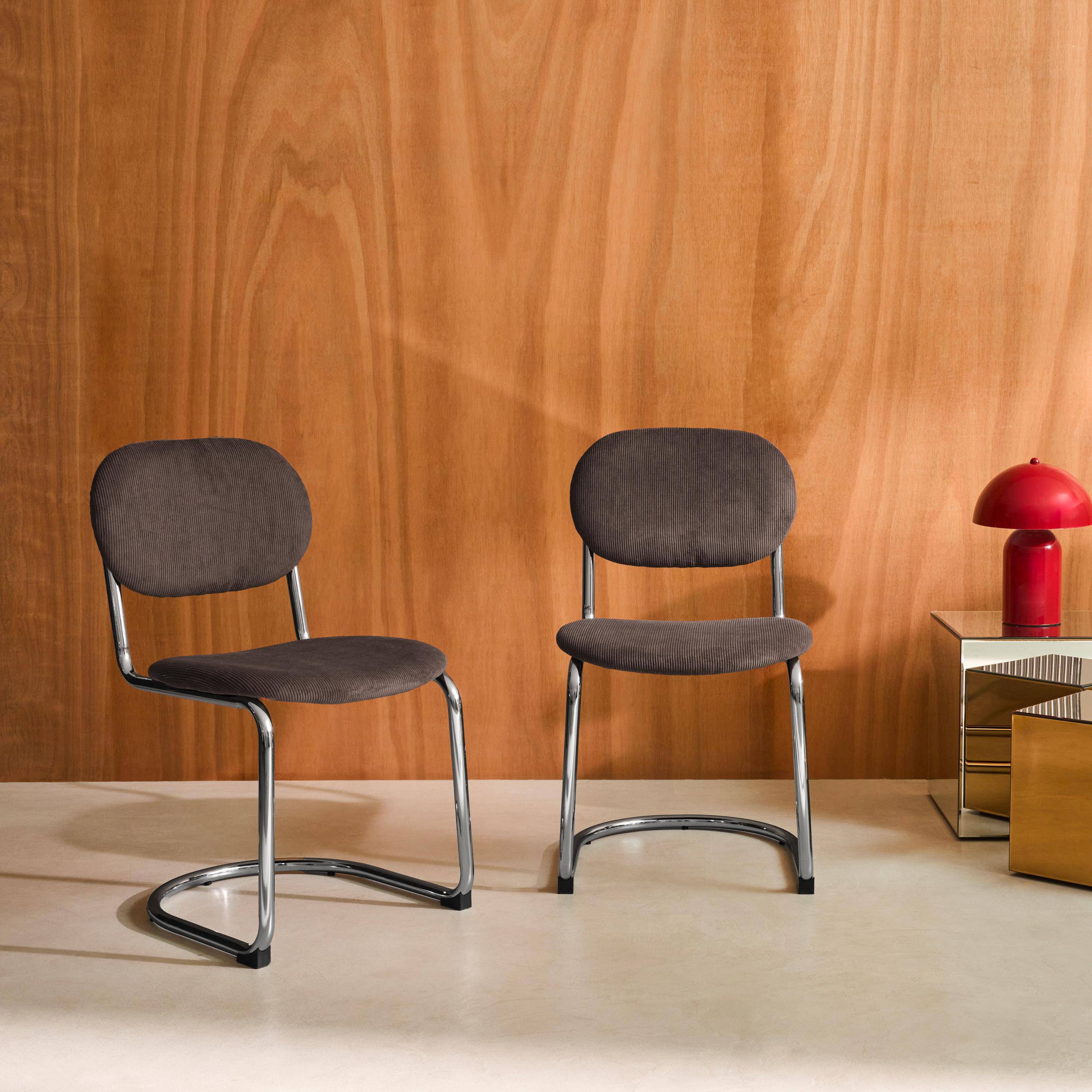 Silla cantilever redondeada de metal, pana y patas cromadas, set de 2, Maloa pana, Marrón claro, 47x54.5x81 cm,sweeek,Photo1