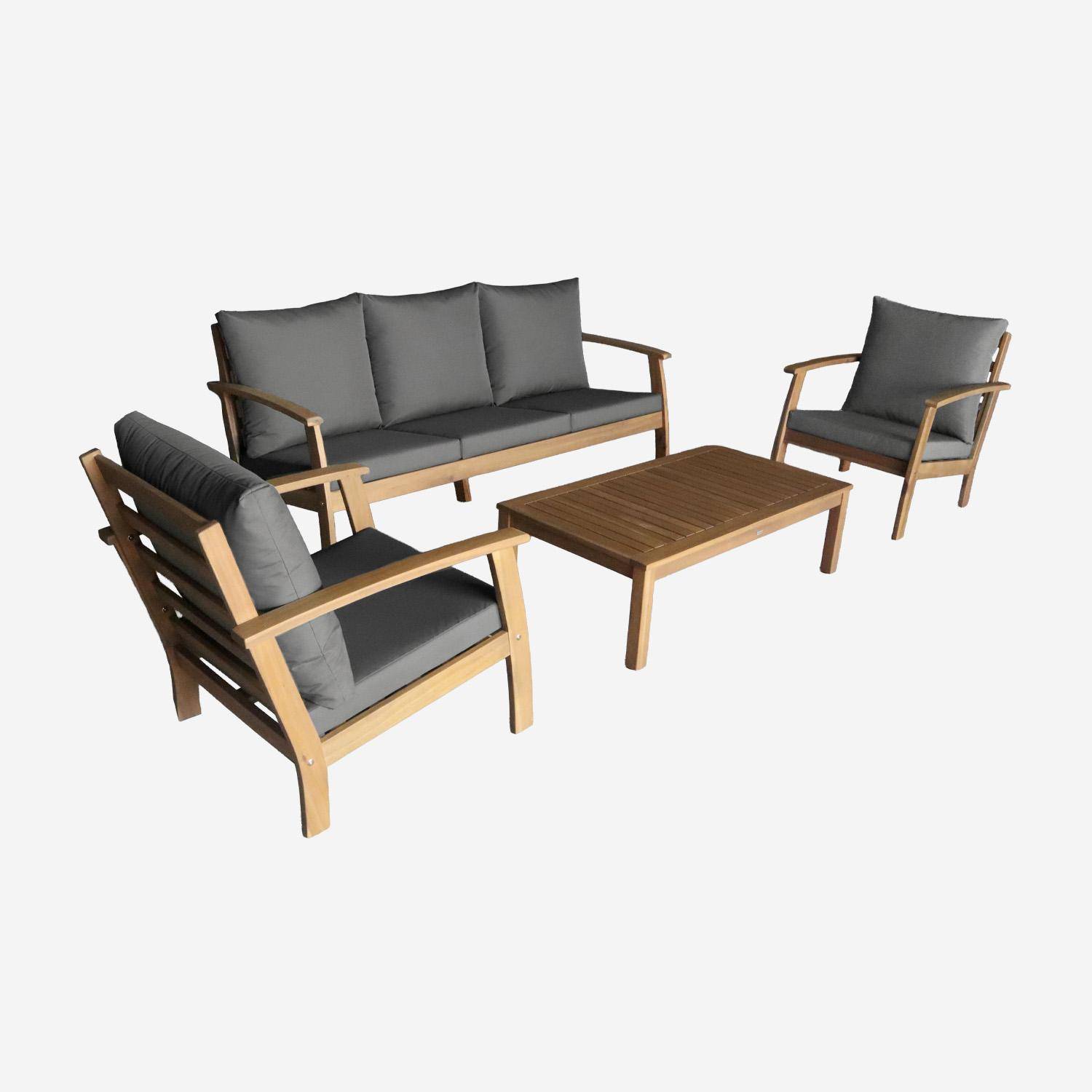 Salon de jardin USHUAIA 5 places gris en bois d'acacia, un canapé, une table, deux fauteuils,sweeek,Photo5