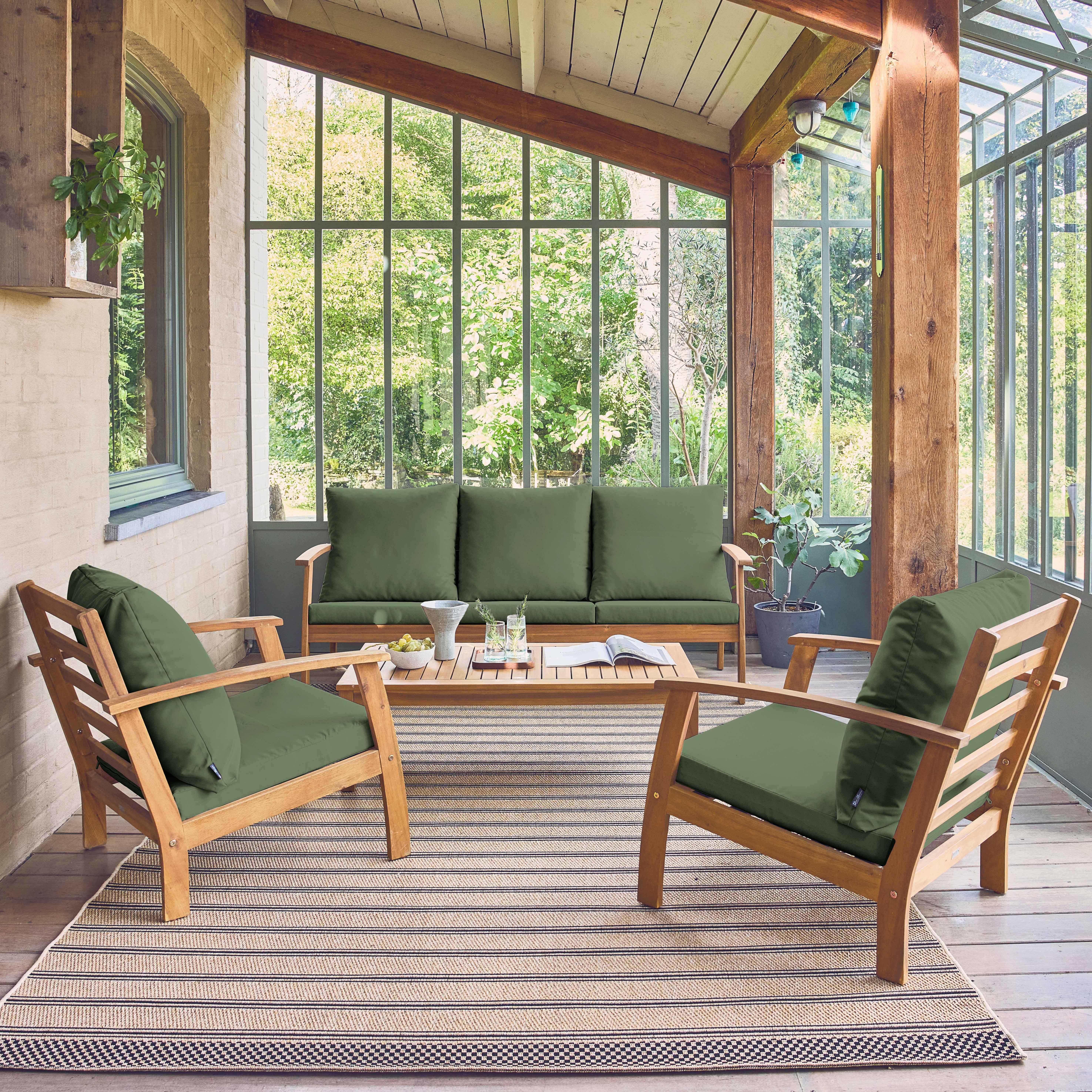 Salon de jardin USHUAIA 5 places kaki en bois d'acacia, un canapé, une table, deux fauteuils,sweeek,Photo1