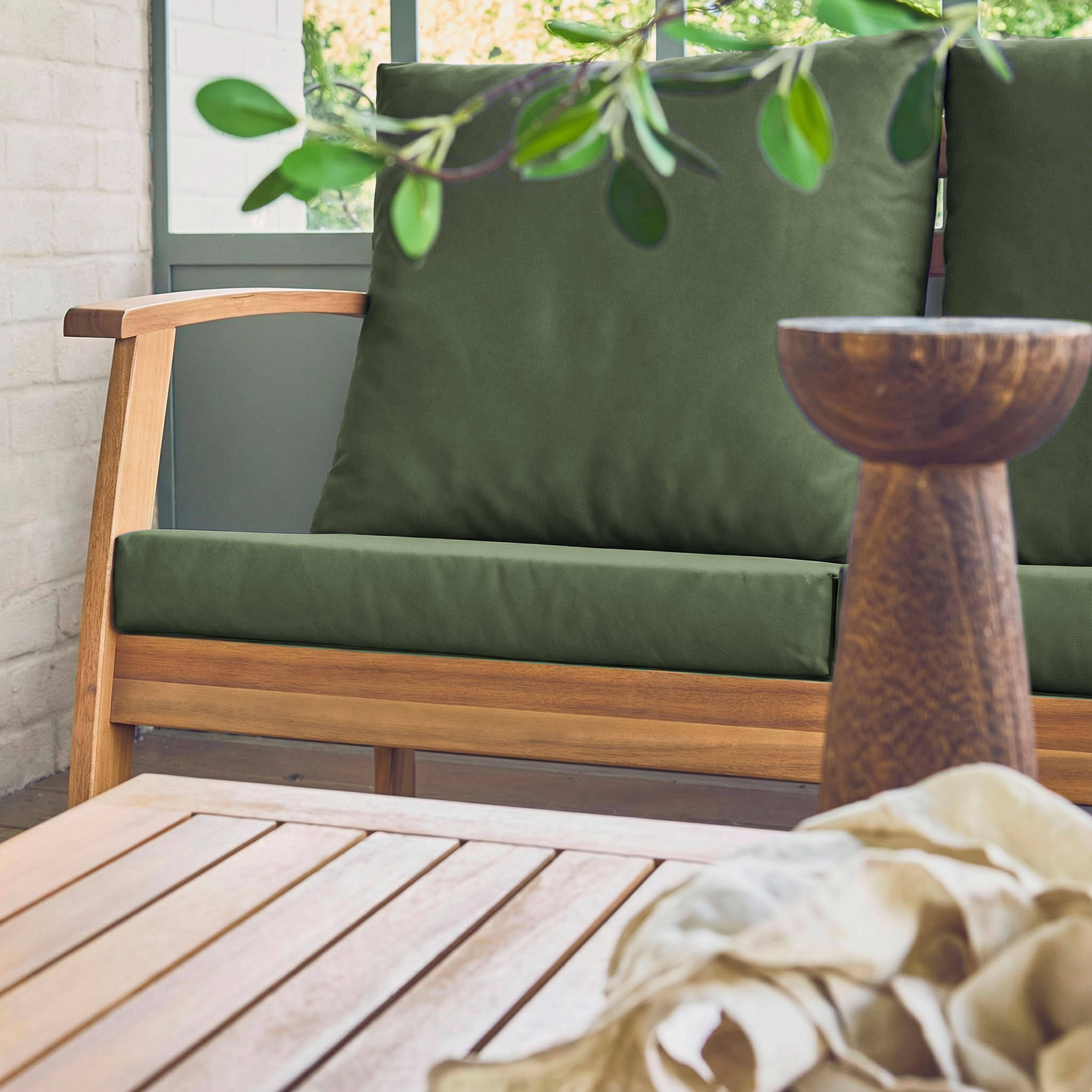 Salon de jardin USHUAIA 5 places kaki en bois d'acacia, un canapé, une table, deux fauteuils Photo2