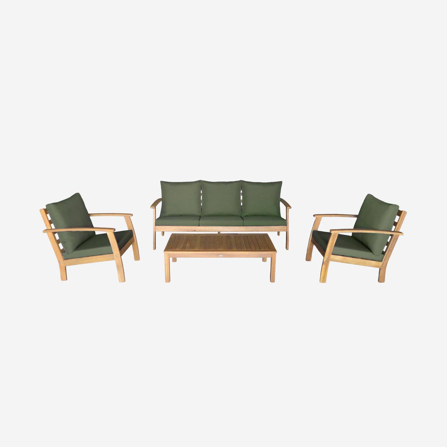 Salon de jardin USHUAIA 5 places kaki en bois d'acacia, un canapé, une table, deux fauteuils,sweeek,Photo2