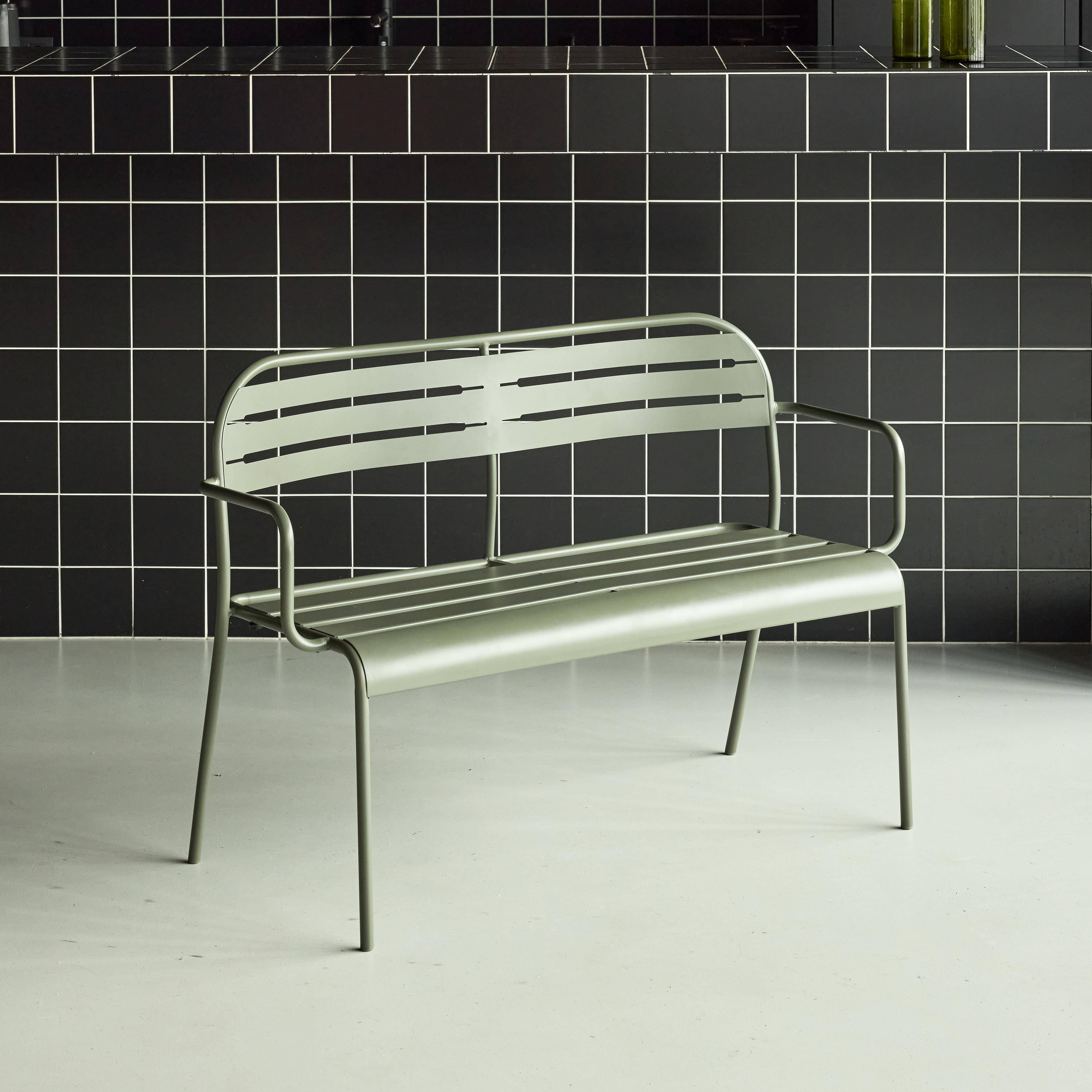 Banco exterior de acero, 2 plazas, Amelia, Verde kaki, 118x52x80 cm,sweeek,Photo2