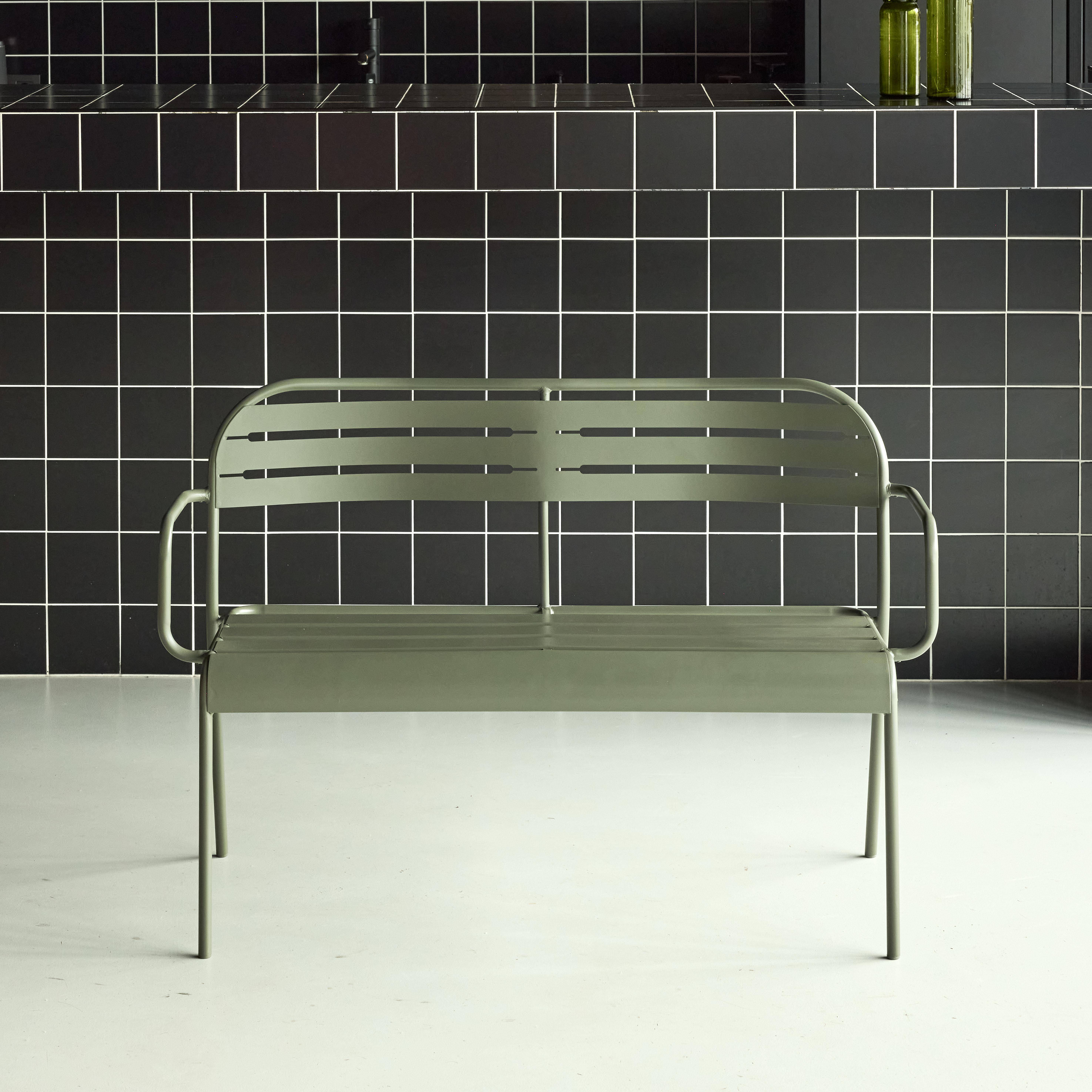 Banco exterior de acero, 2 plazas, Amelia, Verde kaki, 118x52x80 cm,sweeek,Photo1